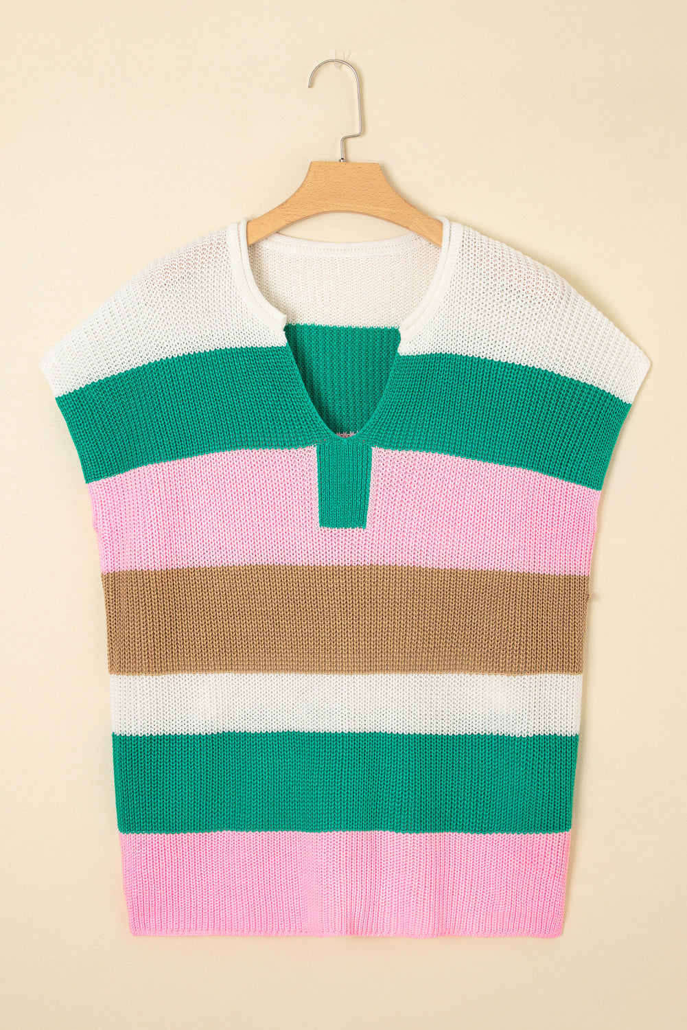 Multicolour Plus Size Striped Colorblock V Neck Short Sleeve Sweater-TOPS / DRESSES-[Adult]-[Female]-2022 Online Blue Zone Planet