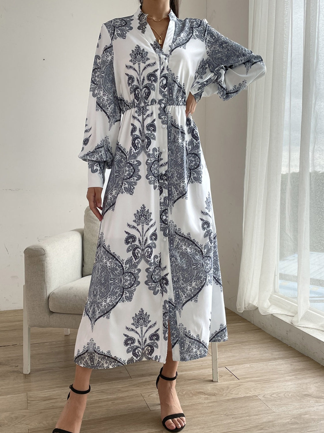 lantern sleeve midi dress Blue Planet | Printed Notched Lantern Sleeve Midi Dress