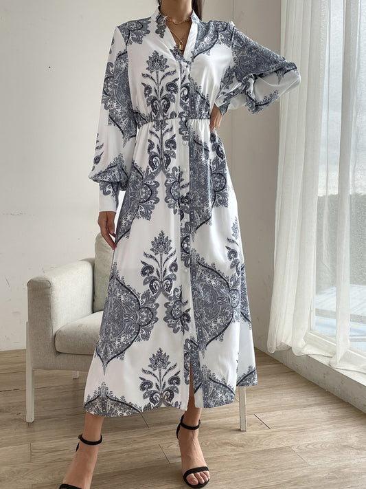 Printed Notched Lantern Sleeve Midi Dress-TOPS / DRESSES-[Adult]-[Female]-White-S-2022 Online Blue Zone Planet