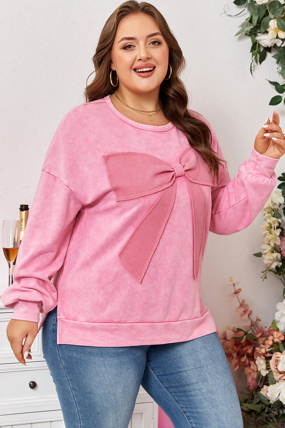 Bonbon Waffle Bowknot Patchwork Graphic Mineral Wash Plus Size Sweatshirt-Plus Size/Plus Size Sweatshirts & Hoodies-[Adult]-[Female]-2022 Online Blue Zone Planet