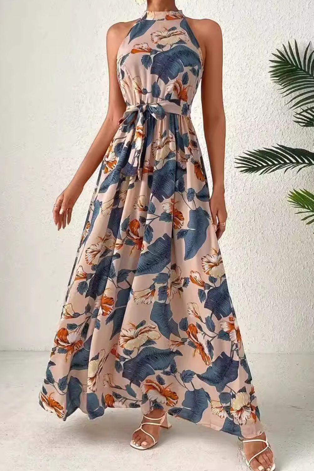 Blue Zone Planet | Tied Slit Floral Sleeveless Dress-TOPS / DRESSES-[Adult]-[Female]-Dusty Blue-S-2022 Online Blue Zone Planet