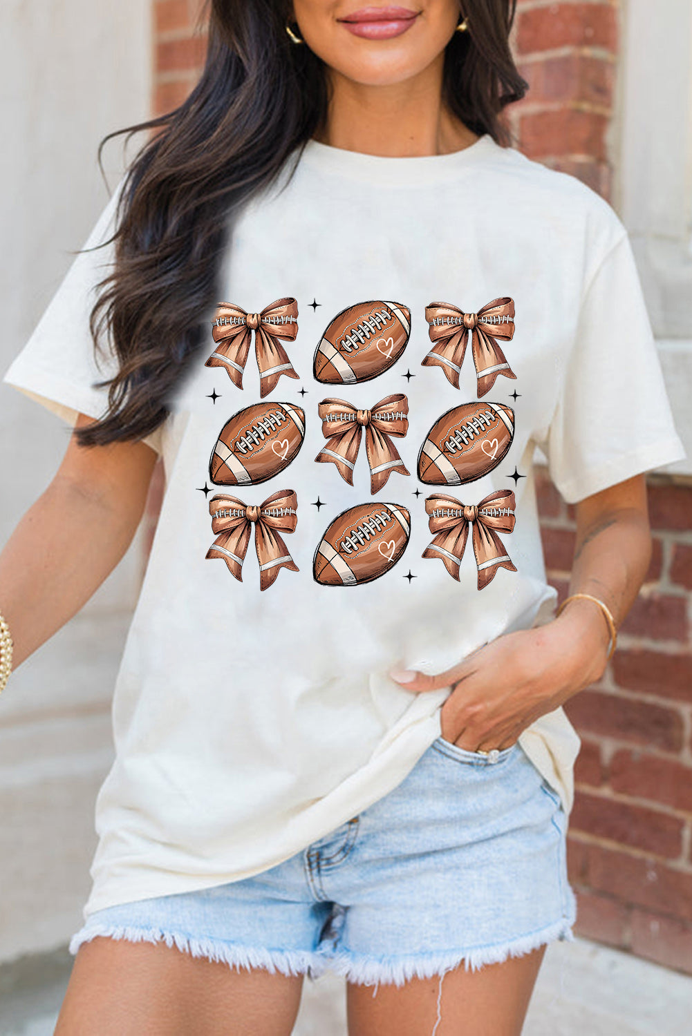 White Football Fashion Bow Print Cotton Blend T Shirt-Graphic/Graphic Tees-[Adult]-[Female]-2022 Online Blue Zone Planet