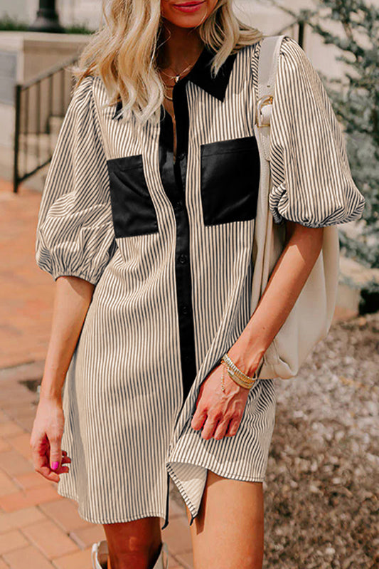 Black Stripe Color Block Patchwork Shirt Collar Button Down Puff Sleeve Mini Dress-Dresses/Mini Dresses-[Adult]-[Female]-Black Stripe-S-2022 Online Blue Zone Planet