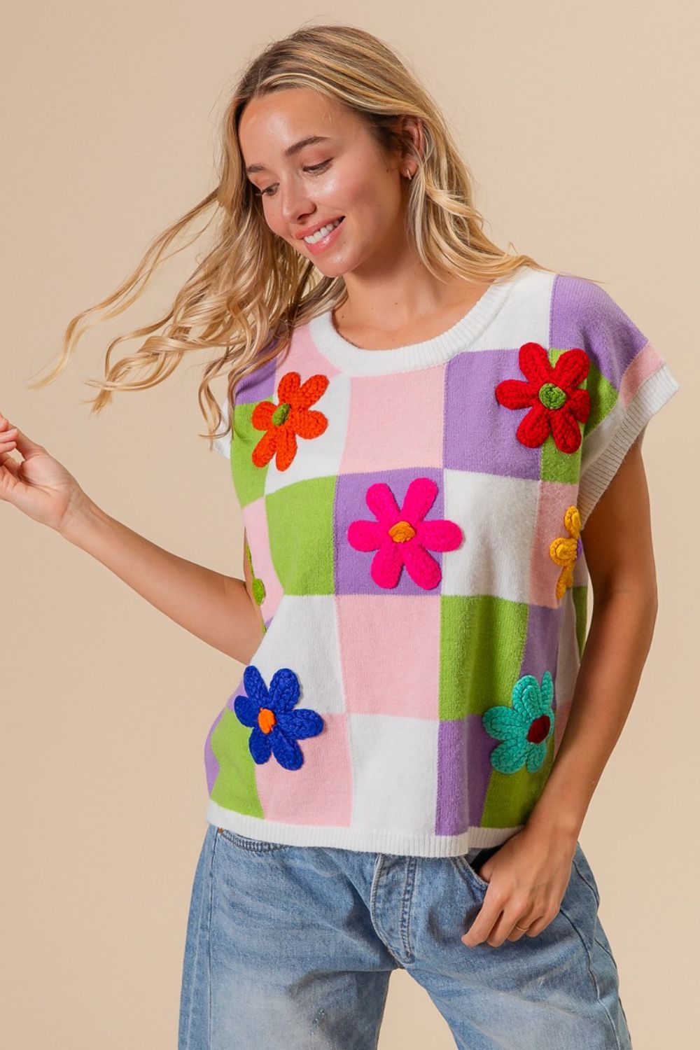 BiBi Flower Patch Checkered Sweater Vest-TOPS / DRESSES-[Adult]-[Female]-2022 Online Blue Zone Planet