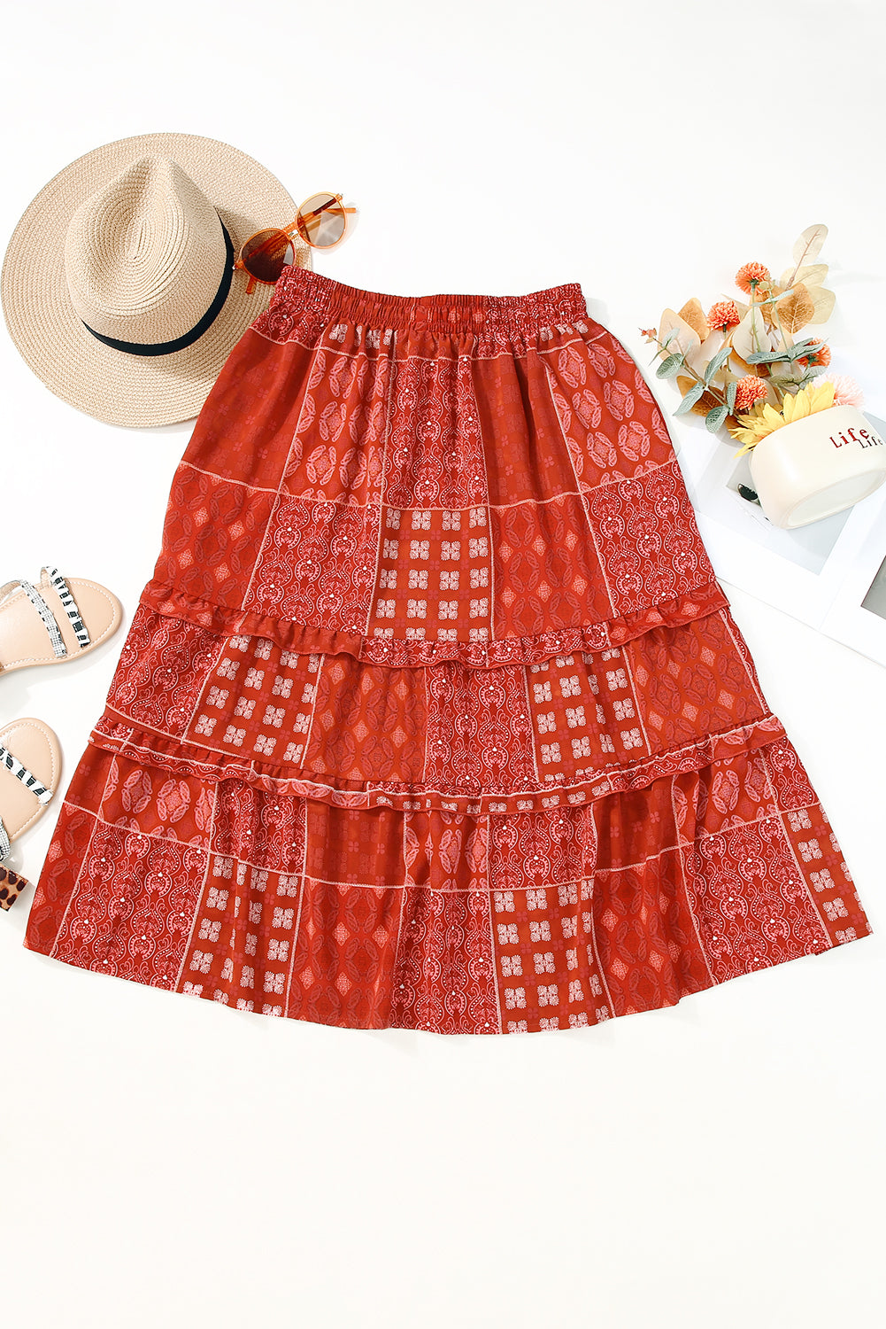 Blue Zone Planet | Fiery Red Bohemian Mix Print Long Flared Skirt-Bottoms/Skirts & Petticoat-[Adult]-[Female]-2022 Online Blue Zone Planet