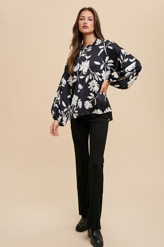 Annie Wear Frill Printed Balloon Sleeve Blouse-TOPS / DRESSES-[Adult]-[Female]-2022 Online Blue Zone Planet