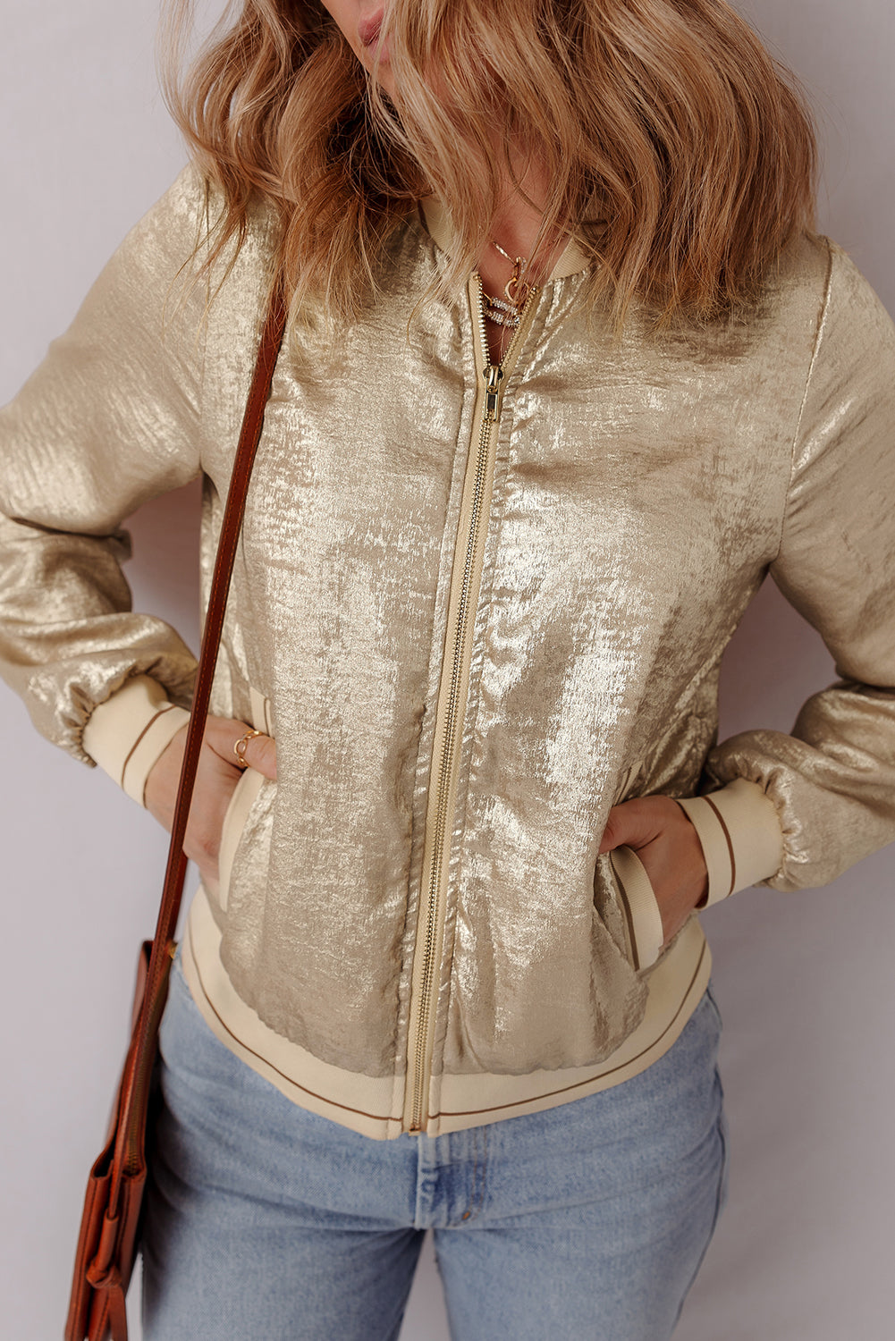 Blue Zone Planet | Pale Khaki Metallic Zip up Baseball Jacket-Outerwear/Jackets-[Adult]-[Female]-2022 Online Blue Zone Planet