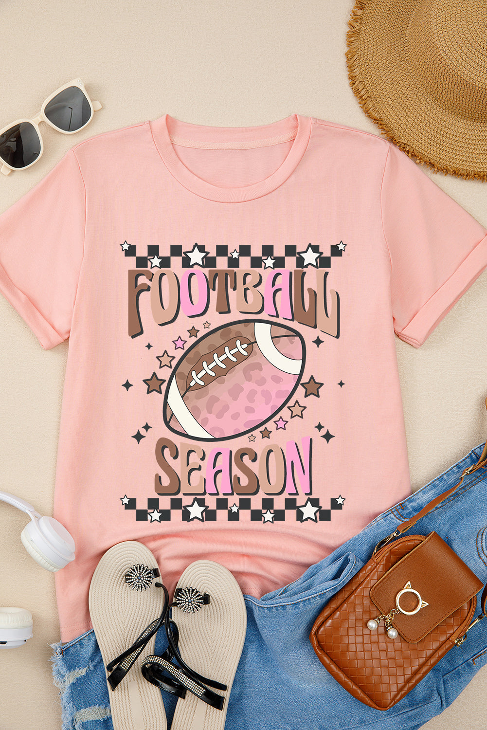 Pink FOOTBALL SEASON Graphic Game Day T Shirt-Graphic/Graphic Tees-[Adult]-[Female]-2022 Online Blue Zone Planet