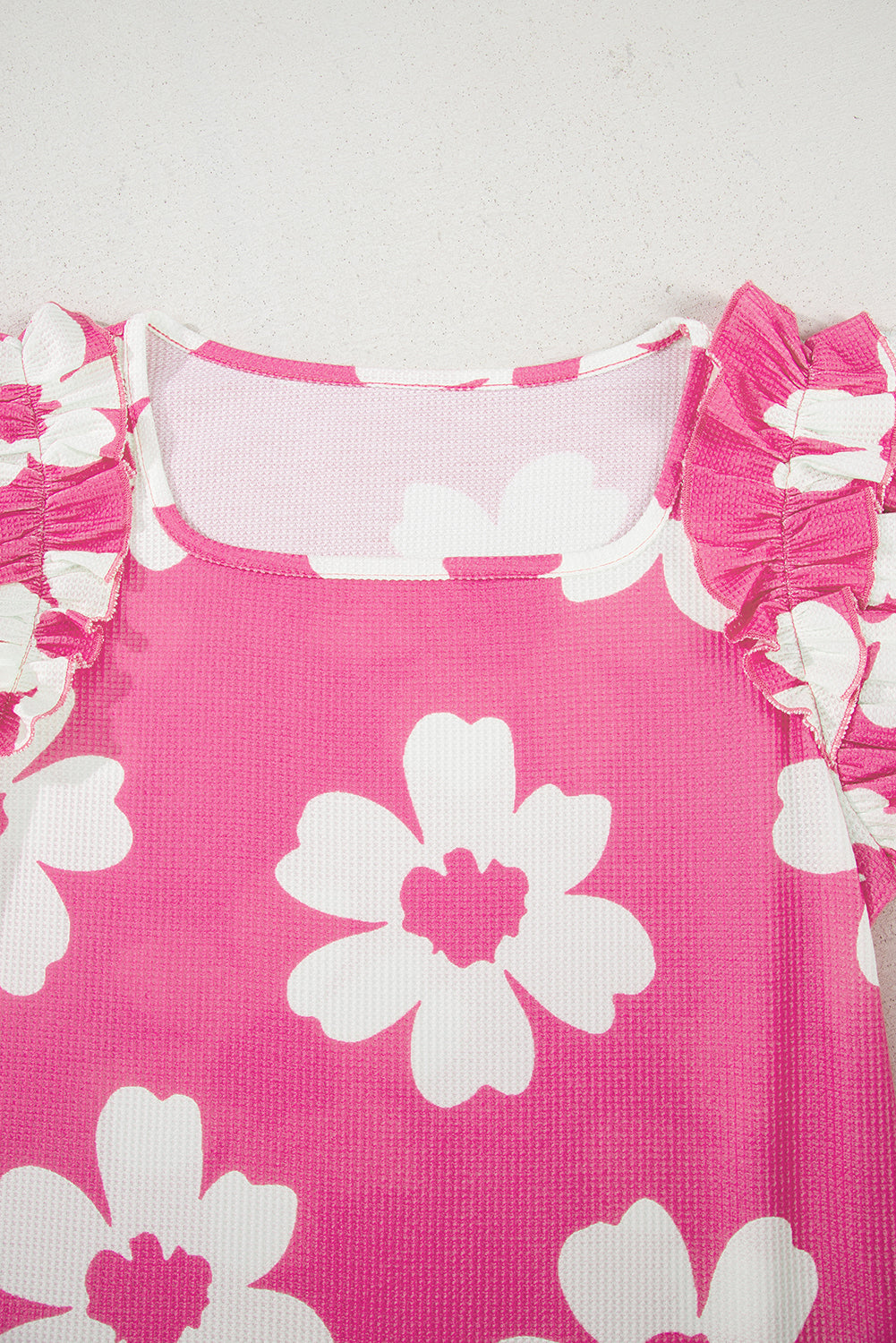 Pink Floral Textured Ruffled Short Sleeve Square Neck Blouse-Tops/Blouses & Shirts-[Adult]-[Female]-2022 Online Blue Zone Planet