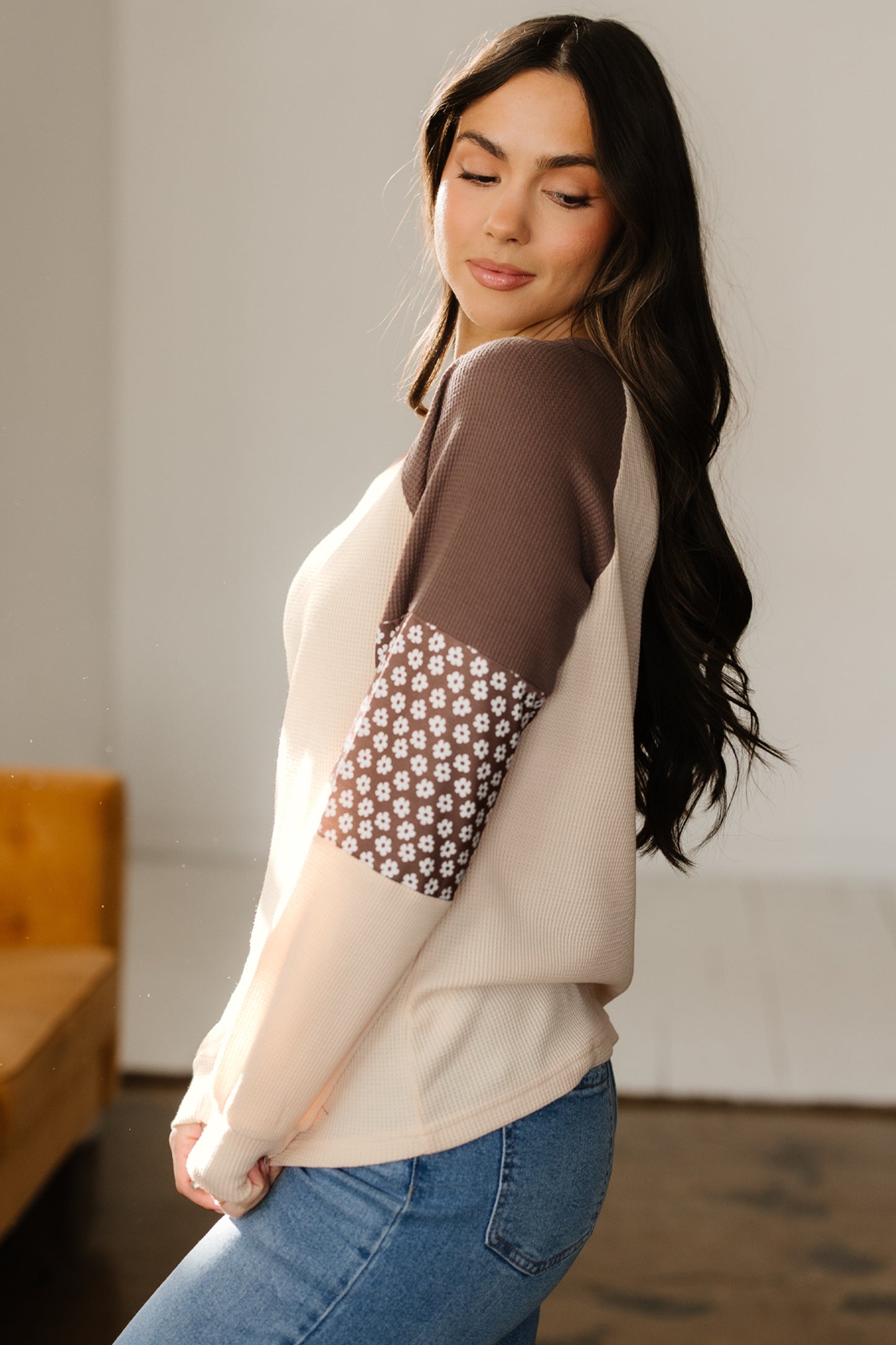 Brown Floral Print Patchwork Color Block Long Sleeve Top-Tops/Long Sleeve Tops-[Adult]-[Female]-2022 Online Blue Zone Planet