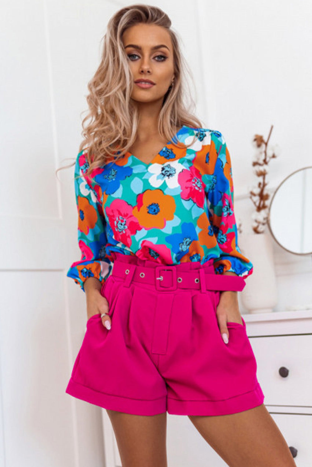 Multicolor Floral Print V Neck 3/4 Sleeve Blouse-Tops/Blouses & Shirts-[Adult]-[Female]-2022 Online Blue Zone Planet