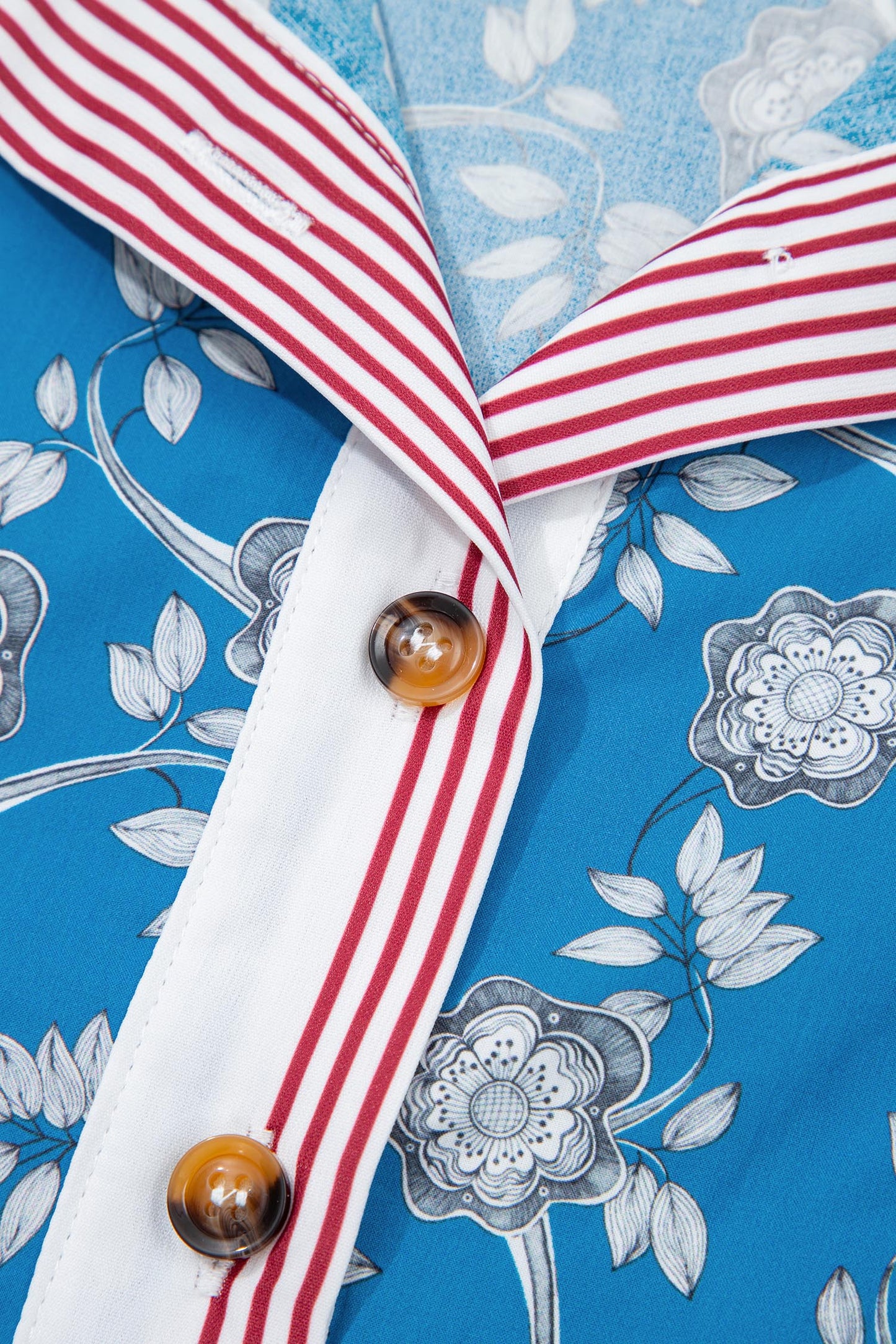 Blue Retro Floral Print Striped Trim Button Neck Short Sleeve Blouse-Tops/Blouses & Shirts-[Adult]-[Female]-2022 Online Blue Zone Planet