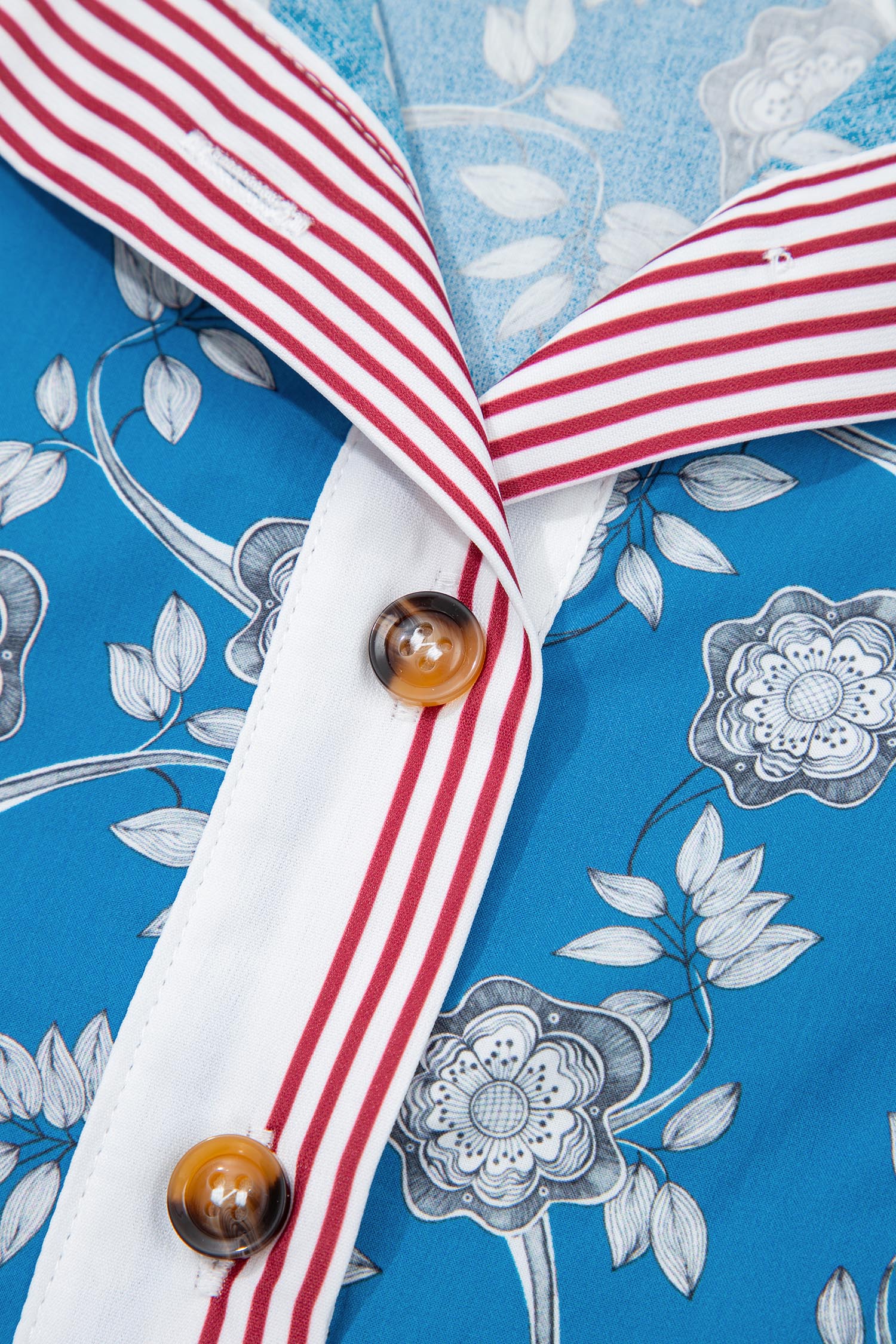 Blue Retro Floral Print Striped Trim Button Neck Short Sleeve Blouse-Tops/Blouses & Shirts-[Adult]-[Female]-2022 Online Blue Zone Planet