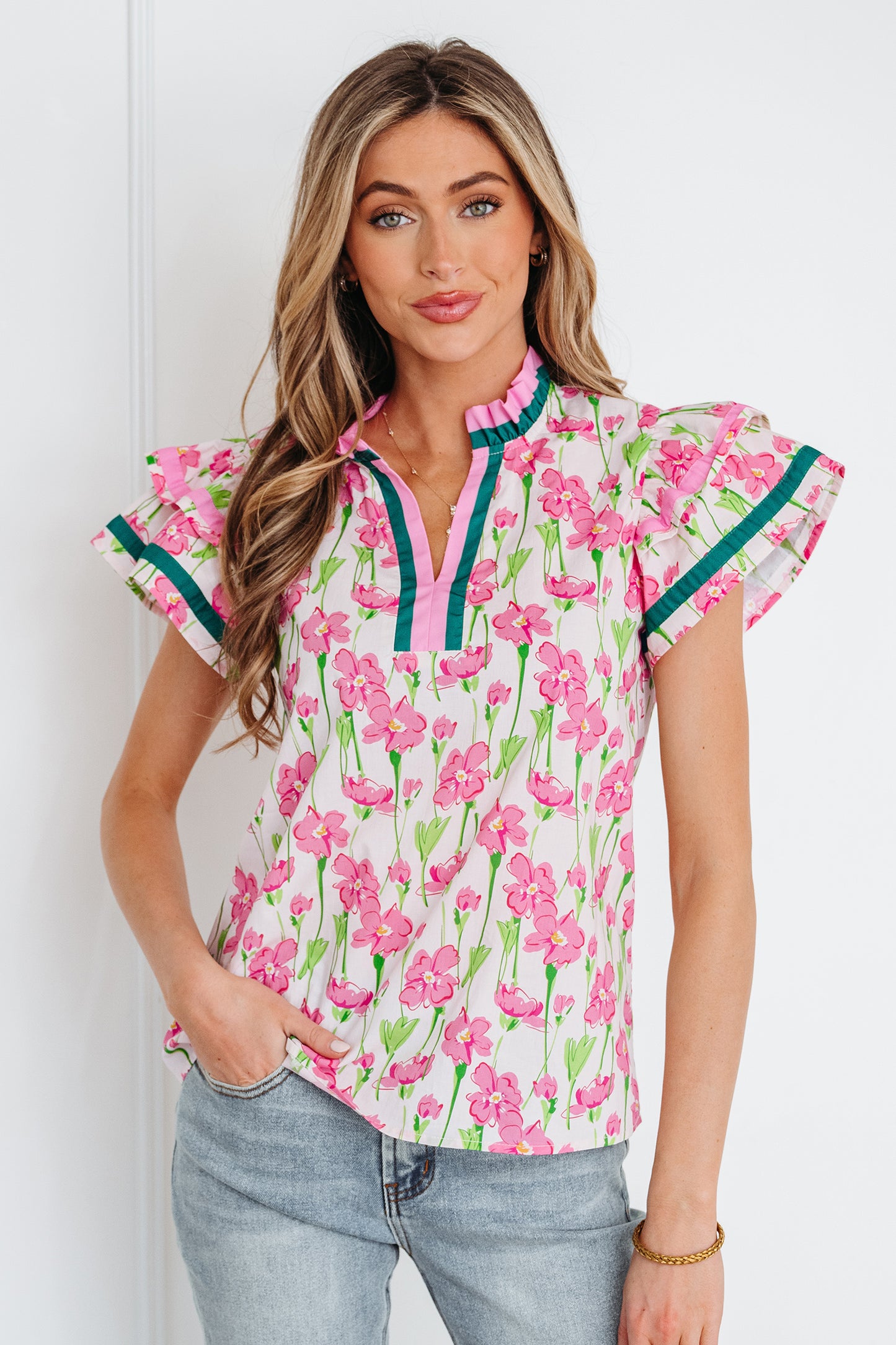 Pink Floral Print Contrast Trim V Neck Double Ruffled Short Sleeve Blouse-Tops/Blouses & Shirts-[Adult]-[Female]-2022 Online Blue Zone Planet