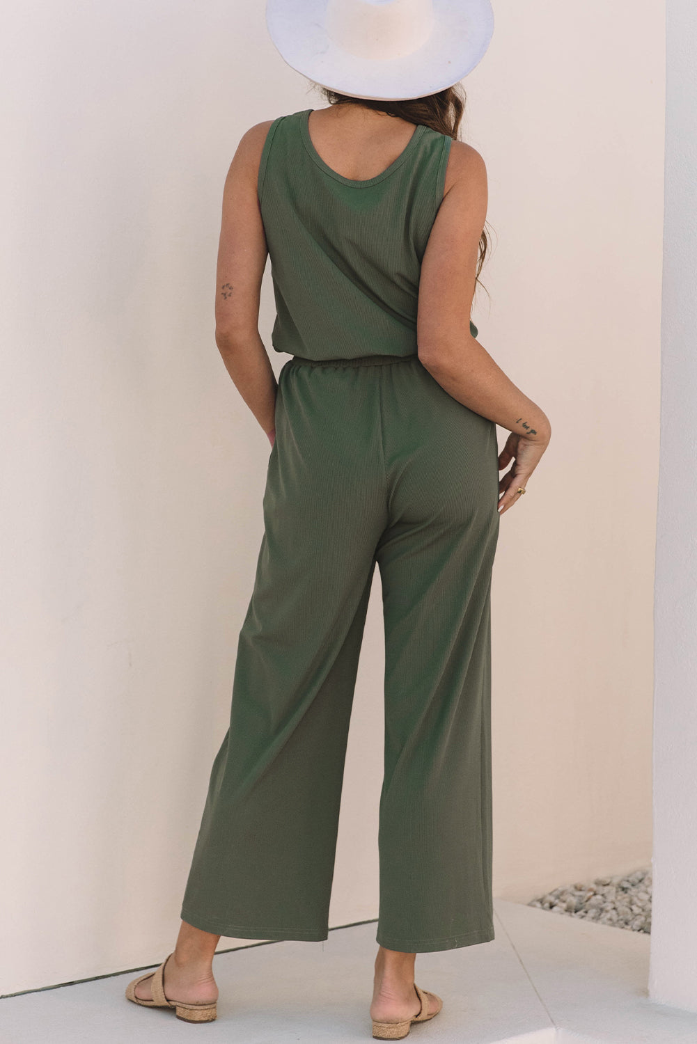 Vineyard Green Buttoned Drawstring Waist Sleeveless Wide Leg Jumpsuit-Bottoms/Jumpsuits & Rompers-[Adult]-[Female]-2022 Online Blue Zone Planet