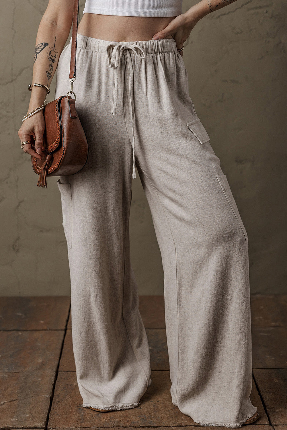 Beige Boho Linen Drawstring Waist Raw Edge Cargo Loose Pants-Bottoms/Pants & Culotte-[Adult]-[Female]-Beige-S-2022 Online Blue Zone Planet