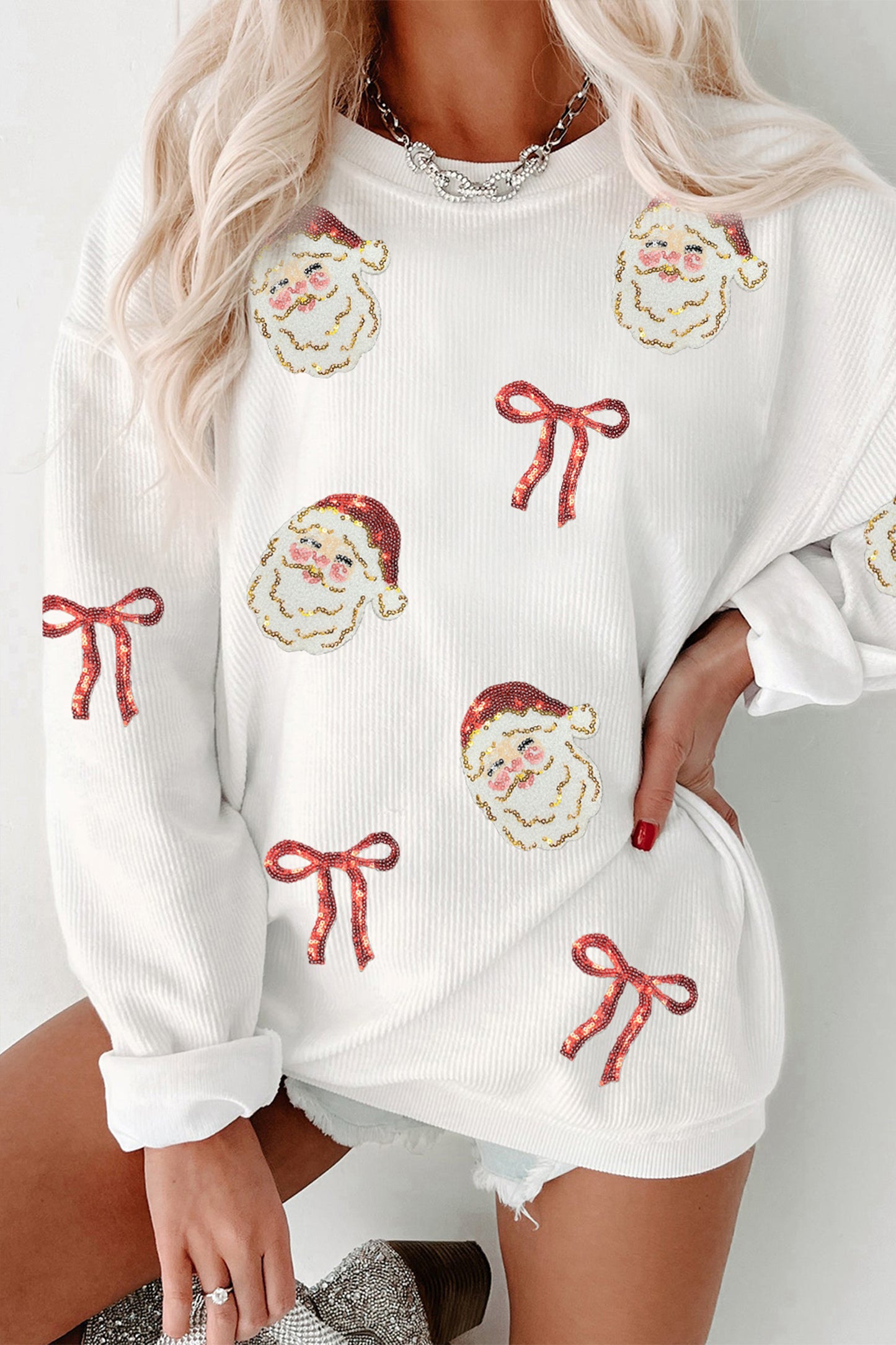 White Corded Rib Sequin Santa Bow Patched Drop Shoulder Graphic Sweatshirt-Graphic/Graphic Sweatshirts-[Adult]-[Female]-2022 Online Blue Zone Planet