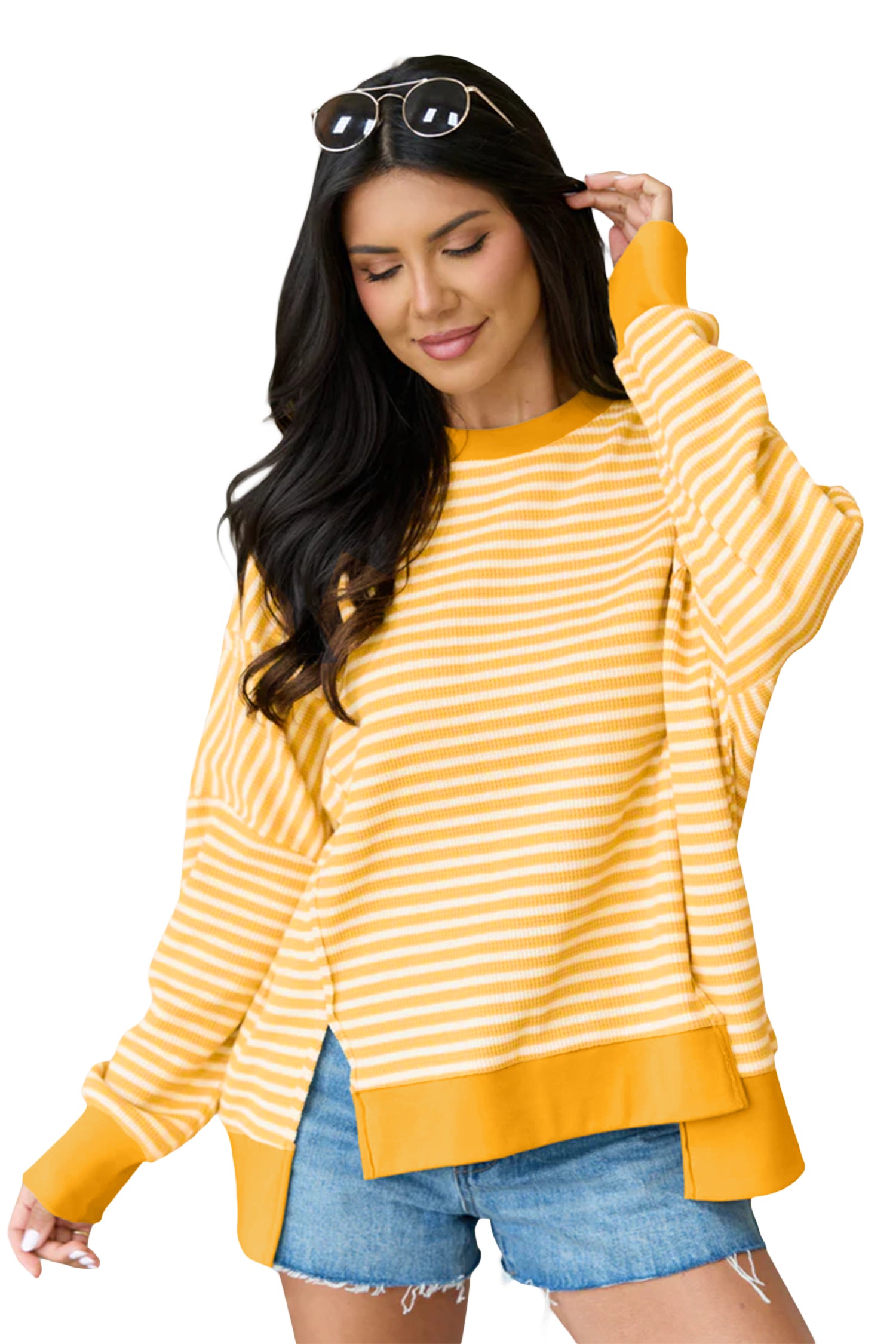 Khaki Stripe Textured Knit Color Block Trim Split Hem Long Sleeve Top-Tops/Long Sleeve Tops-[Adult]-[Female]-2022 Online Blue Zone Planet