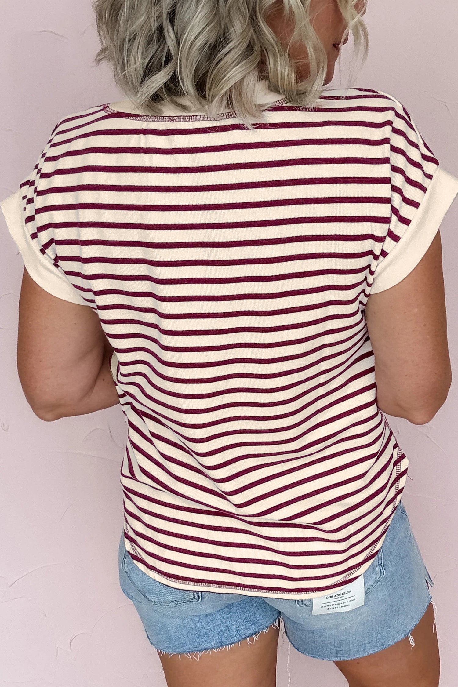 Red Stripe Half Buttons Round Neck T Shirt-Tops/Tops & Tees-[Adult]-[Female]-2022 Online Blue Zone Planet