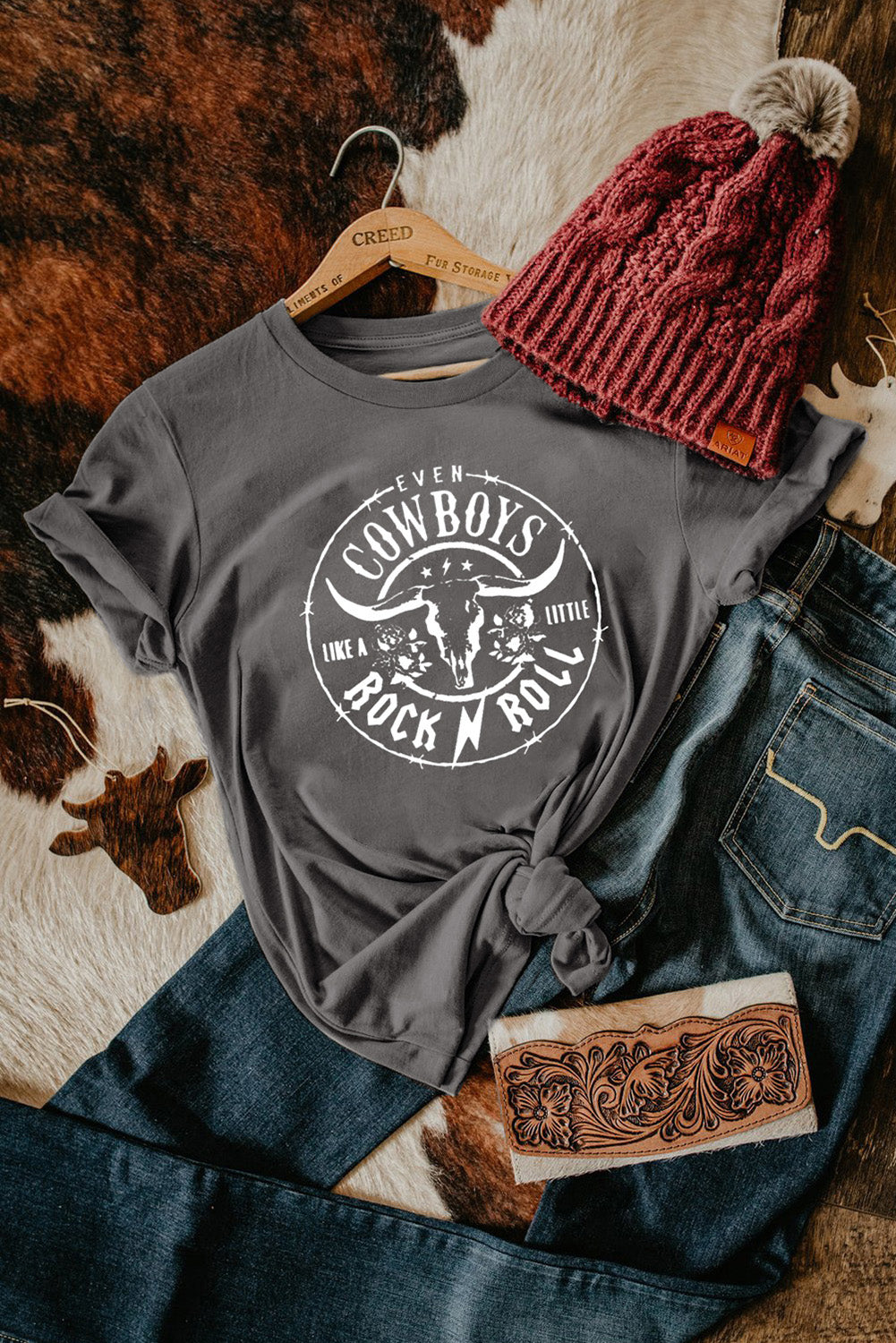 Gray Western Letter Steer Head Graphic Tee-Graphic/Graphic Tees-[Adult]-[Female]-2022 Online Blue Zone Planet