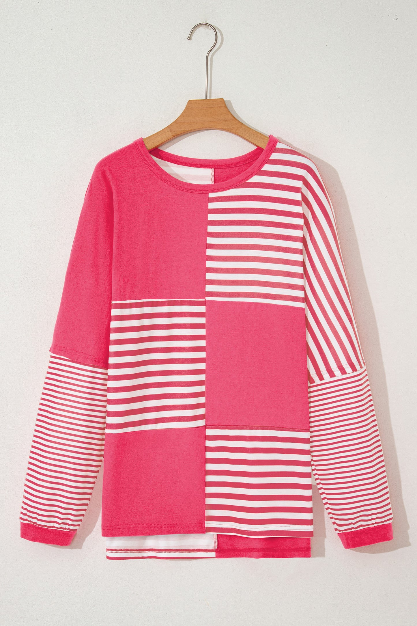 Pink Stripe Color Block Patchwork Drop Shoulder Long Sleeve Tunic Top-Tops/Long Sleeve Tops-[Adult]-[Female]-2022 Online Blue Zone Planet