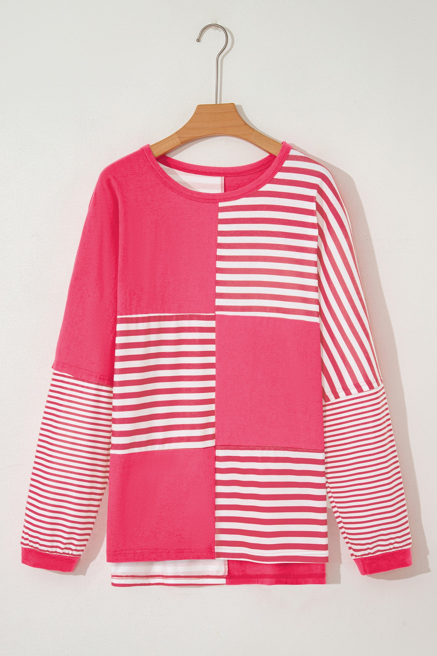 Pink Stripe Color Block Patchwork Drop Shoulder Long Sleeve Tunic Top-Tops/Long Sleeve Tops-[Adult]-[Female]-2022 Online Blue Zone Planet