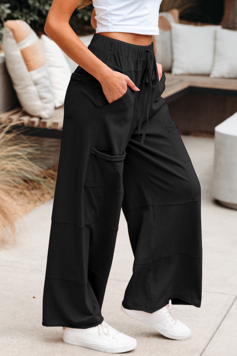 Bonbon Mineral Wash Exposed Seam Drawstring High Waist Wide Leg Cargo Pants-Bottoms/Casual Shorts-[Adult]-[Female]-2022 Online Blue Zone Planet