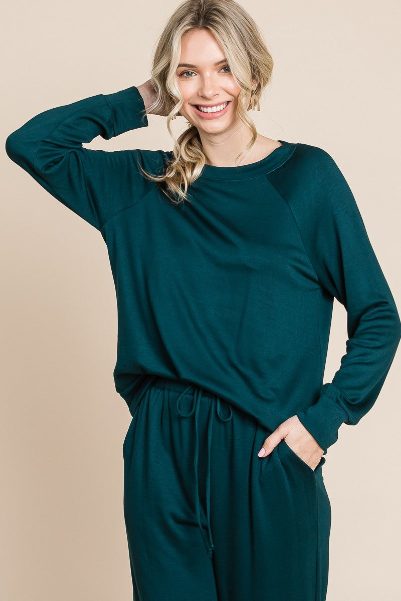 Blue Zone Planet | Super Lady Round Neck Raglan Sleeve Top and Drawstring Pants Lounge Set-BOTTOMS SIZES SMALL MEDIUM LARGE-[Adult]-[Female]-Hunter Green-S-2022 Online Blue Zone Planet