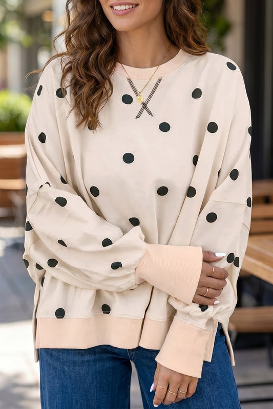 Beige Loose-Fit Long Sleeve Round Neck Polka Dot Tunic Sweatshirt-Tops/Long Sleeve Tops-[Adult]-[Female]-Beige-S-2022 Online Blue Zone Planet