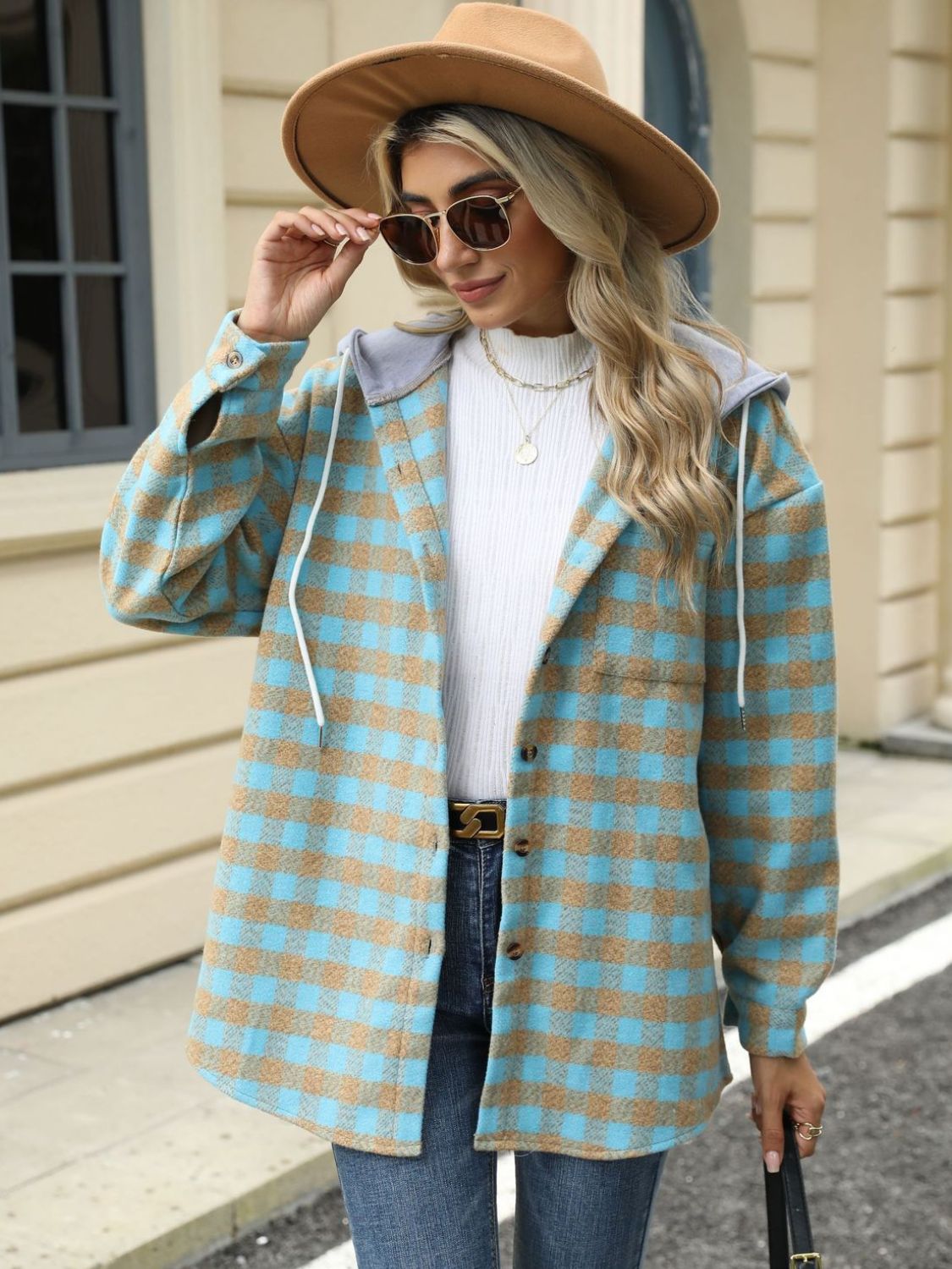 Drawstring Plaid Long Sleeve Hooded Jacket-TOPS / DRESSES-[Adult]-[Female]-2022 Online Blue Zone Planet