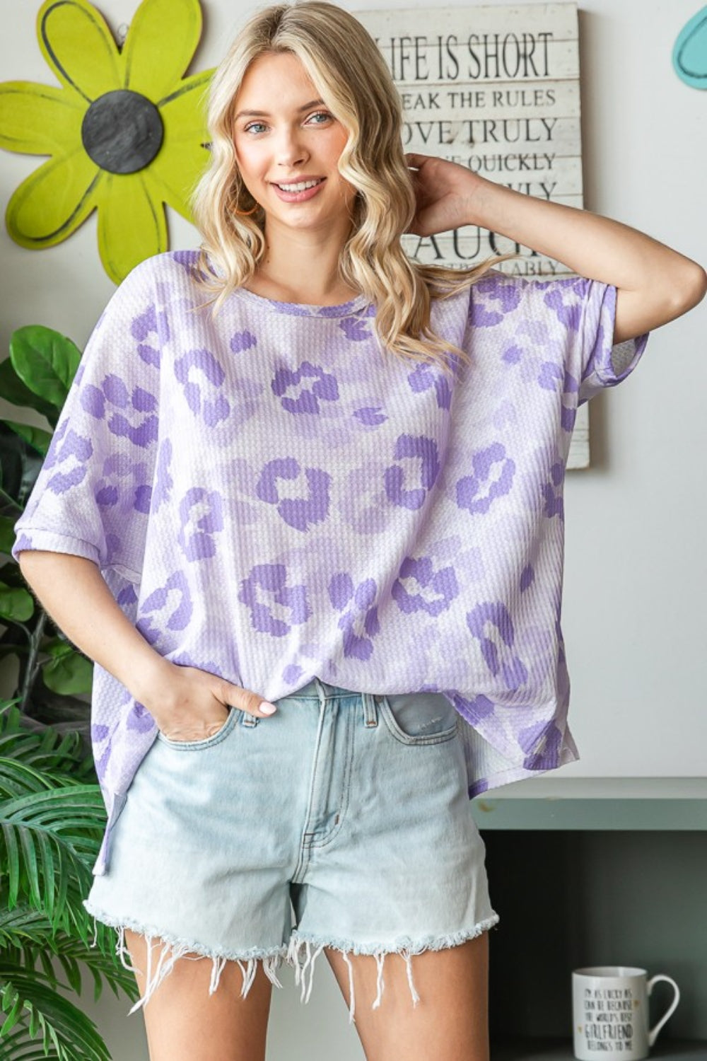 Blue Zone Planet | HOPELY Print Waffle Oversized T-Shirt-TOPS / DRESSES-[Adult]-[Female]-Lavender-S-2022 Online Blue Zone Planet