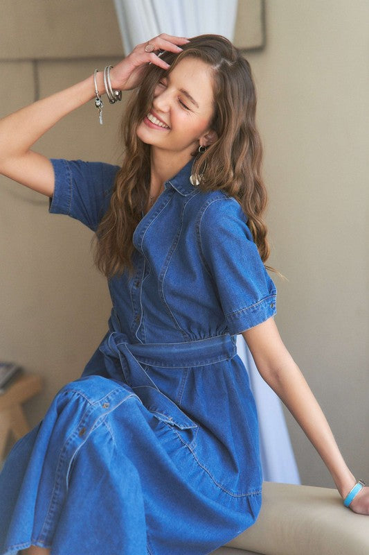 ADORA Tiered Button Down Tie Waist Short Sleeve Denim Dress-TOPS / DRESSES-[Adult]-[Female]-2022 Online Blue Zone Planet