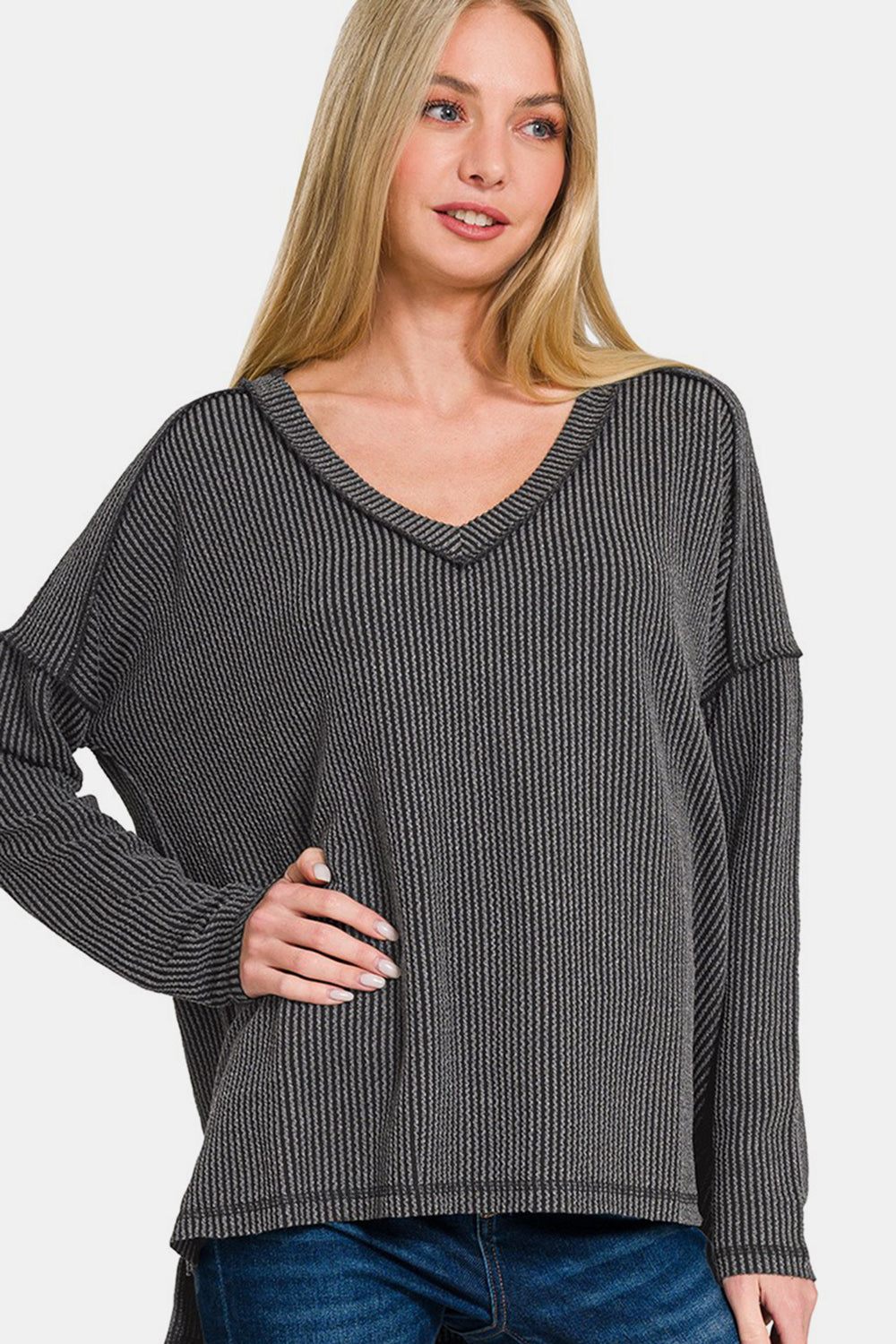 Zenana Texture Exposed Seam V-Neck Long Sleeve T-Shirt-TOPS / DRESSES-[Adult]-[Female]-Charcoal-S/M-2022 Online Blue Zone Planet