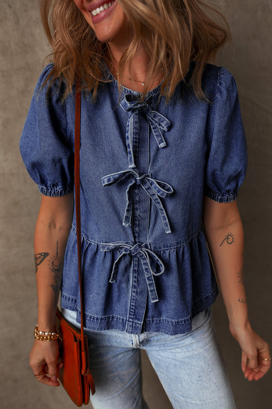 Sail Blue Tied Front Bubble Sleeve Peplum Denim Shirt-Tops/Blouses & Shirts-[Adult]-[Female]-Sail Blue-S-2022 Online Blue Zone Planet