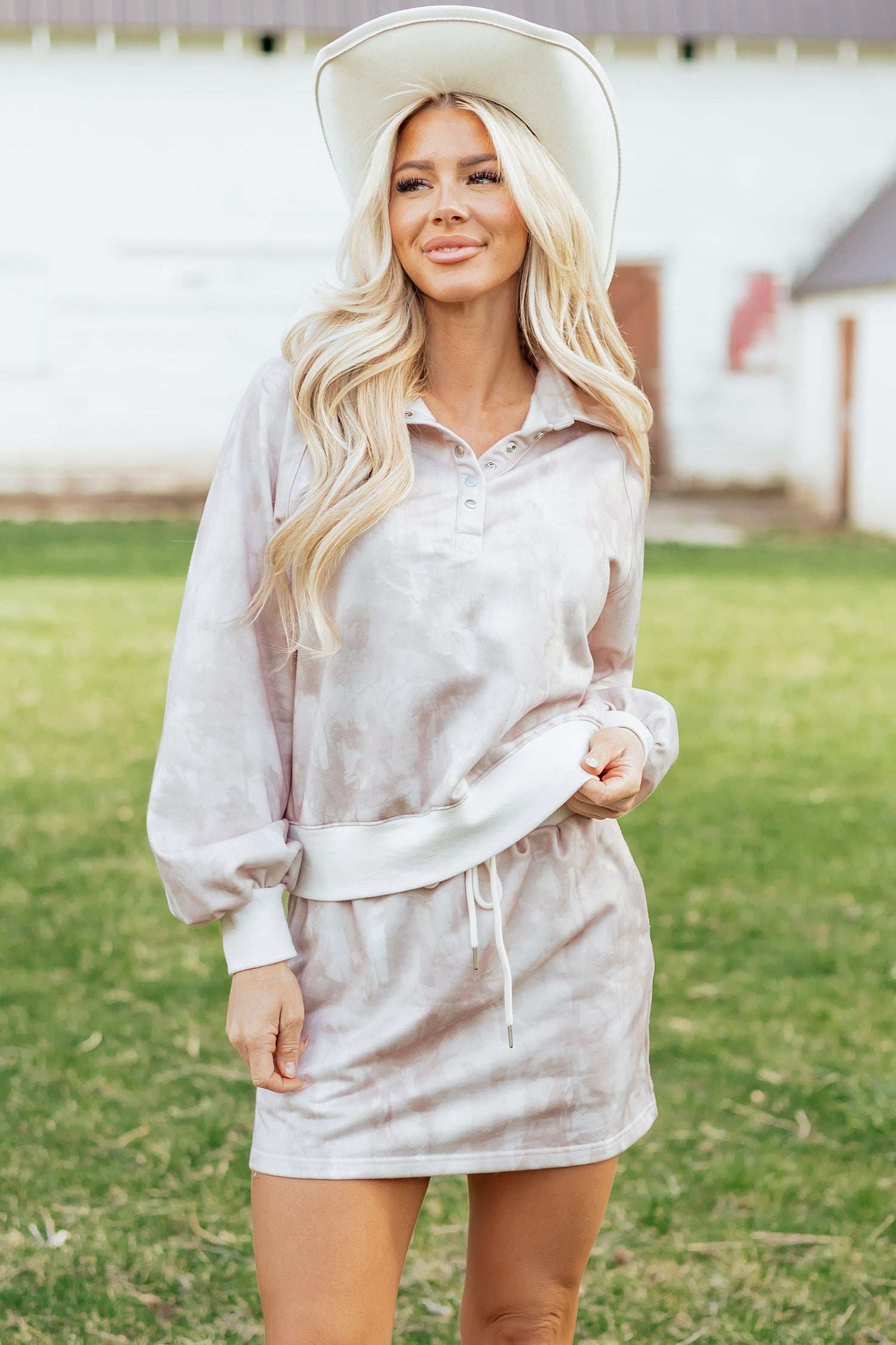 White Abstract Woodland Print Balloon Sleeve Pullover Drawstring Mini Skirt Set-Two Piece Sets/Two Piece Dresses-[Adult]-[Female]-2022 Online Blue Zone Planet