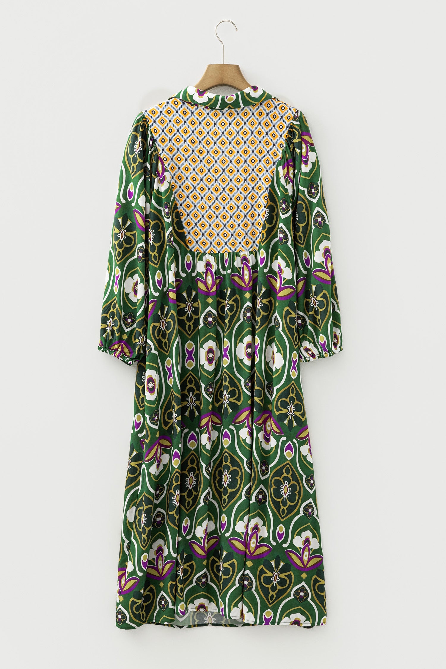 Green Plus Size Mixed Floral Patchwork V Neck Bracelet Sleeve Maxi Dress-TOPS / DRESSES-[Adult]-[Female]-2022 Online Blue Zone Planet