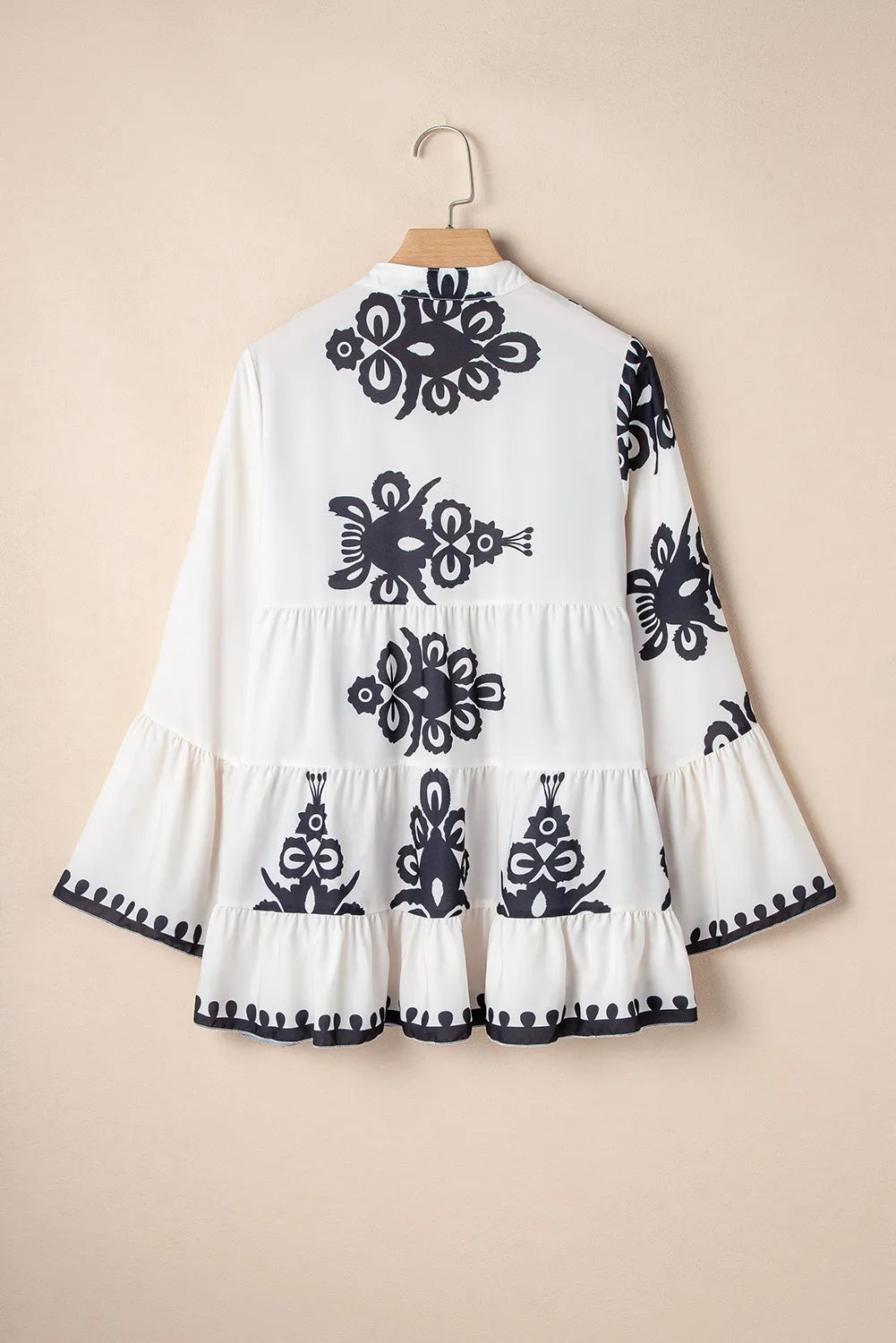 Tiered Printed Notched Long Sleeve Blouse-TOPS / DRESSES-[Adult]-[Female]-2022 Online Blue Zone Planet