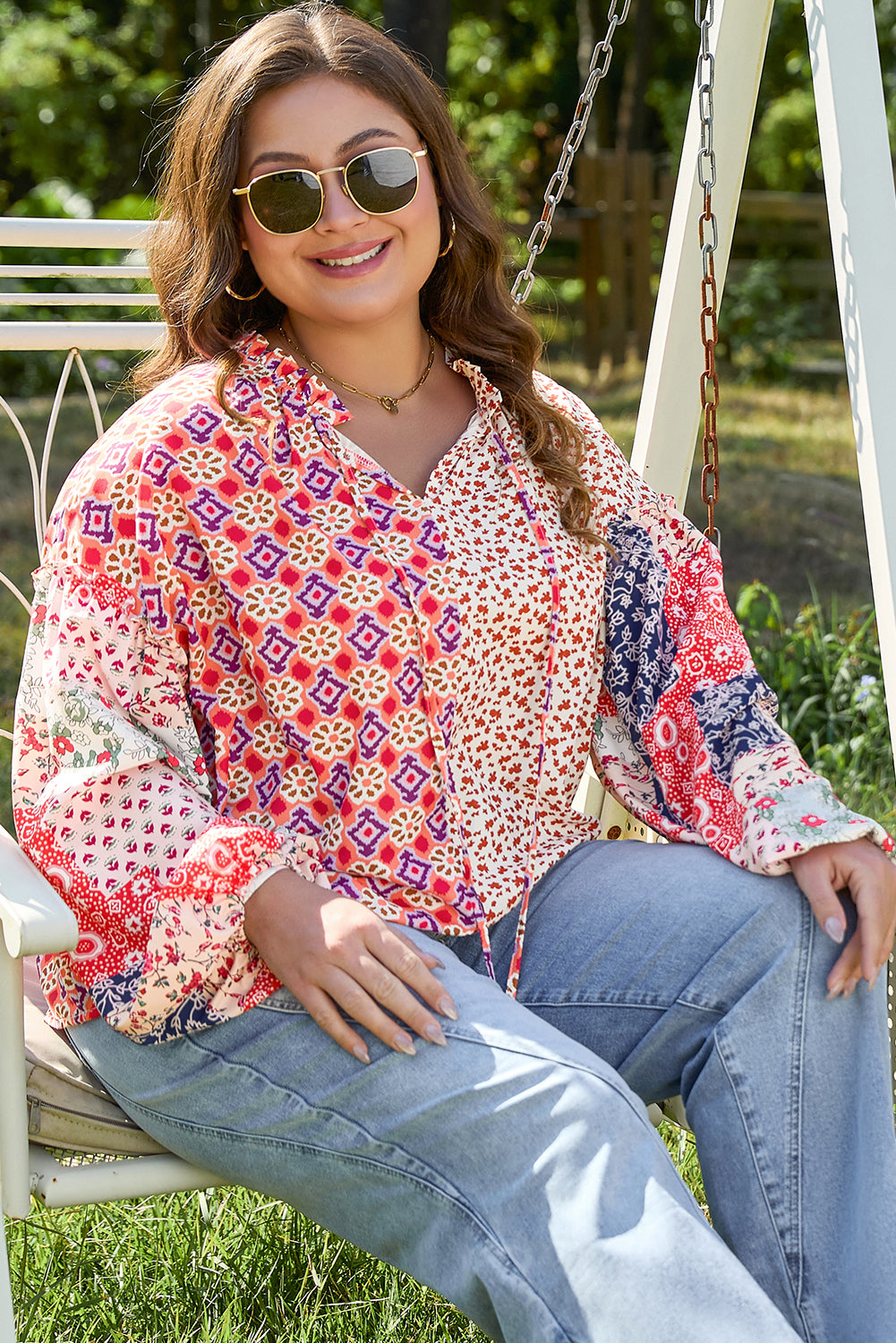 Blue Zone Planet | Orange Floral Geometric Patchwork Lace-up Crewneck Plus Size Blouse-Plus Size/Plus Size Tops/Plus Size Blouses & Shirts-[Adult]-[Female]-2022 Online Blue Zone Planet