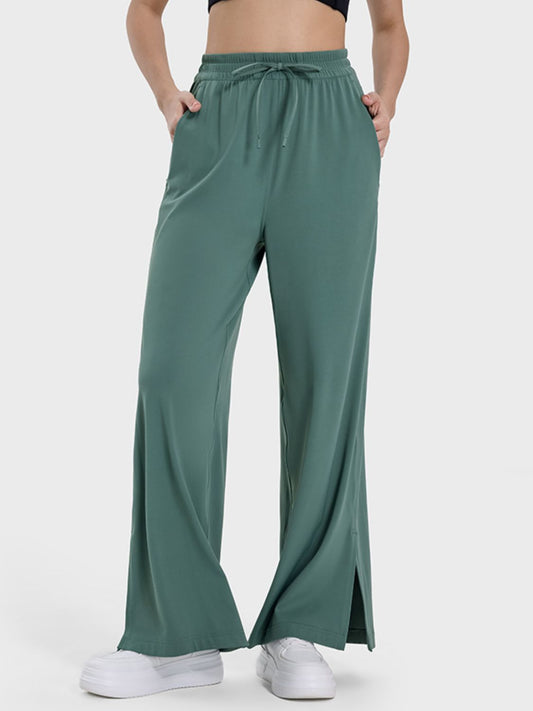 Millennia Slit Wide Leg Active Pants-BOTTOMS SIZES SMALL MEDIUM LARGE-[Adult]-[Female]-Dark Green-4-2022 Online Blue Zone Planet