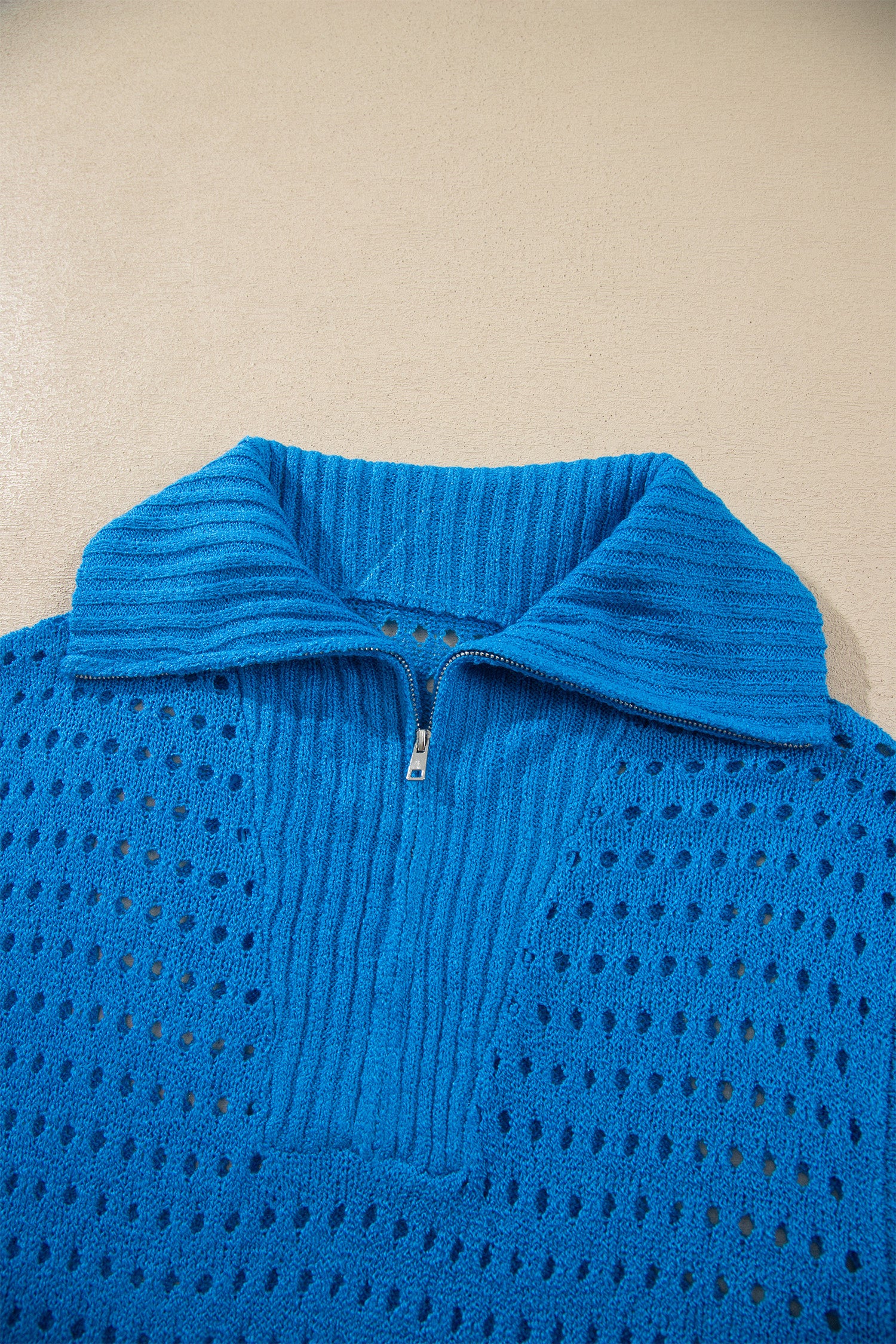 Sky Blue Solid Color Hollowed Knit Short Sleeve Zipper Collar Knitwear Top-Sweaters & Cardigans/Short Sleeve Sweaters-[Adult]-[Female]-2022 Online Blue Zone Planet