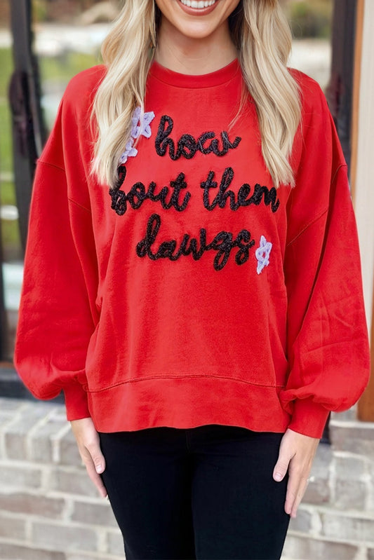 Fiery Red How Bout Them Dawgs Embroidered Script Balloon Sleeve Sweatshirt-Tops/Sweatshirts & Hoodies-[Adult]-[Female]-Fiery Red-S-2022 Online Blue Zone Planet