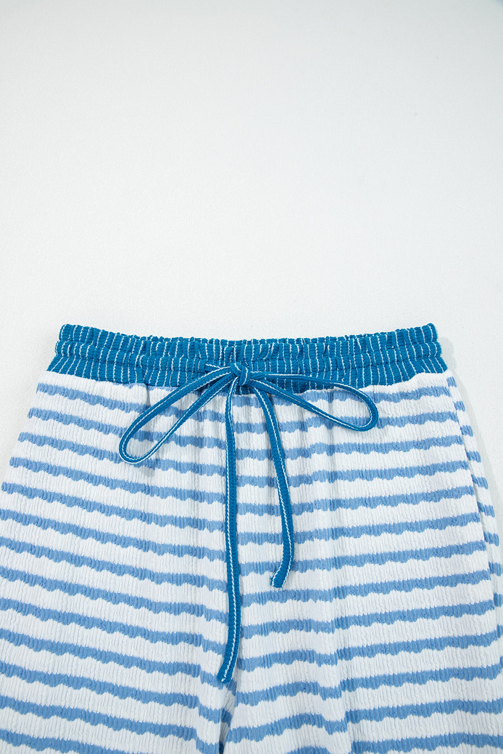 Sky Blue Stripe Collared Pullover Top and Drawstring Pant Set-Two Piece Sets/Pant Sets-[Adult]-[Female]-2022 Online Blue Zone Planet