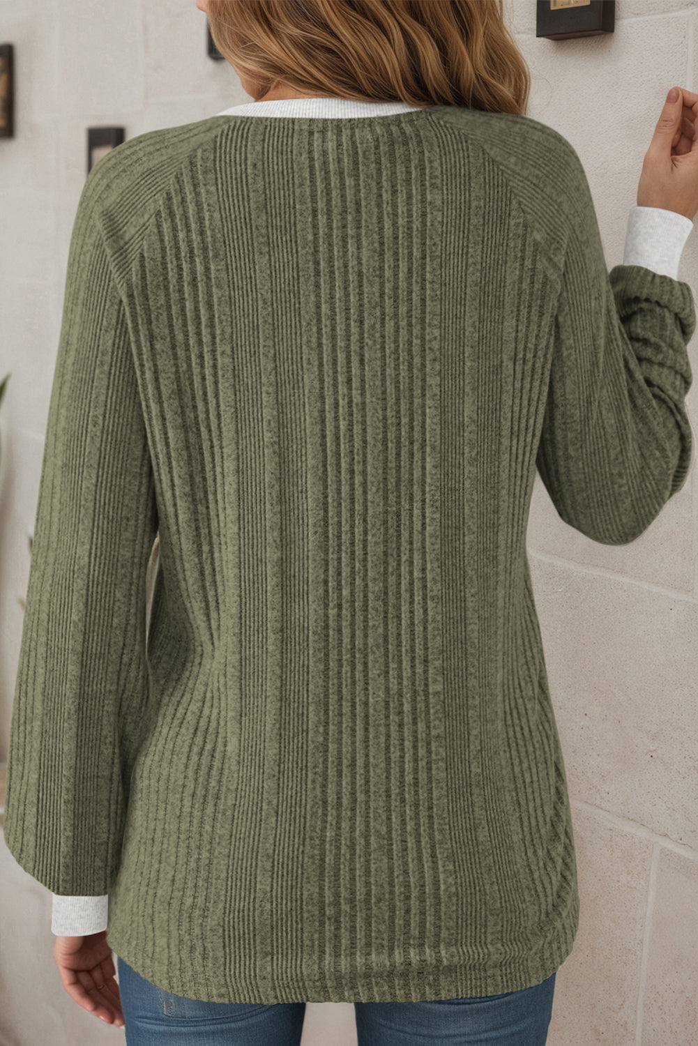 Moss Green Ribbed Contrast Cuffed Round Neck Long Sleeve T Shirt-Tops/Long Sleeve Tops-[Adult]-[Female]-2022 Online Blue Zone Planet