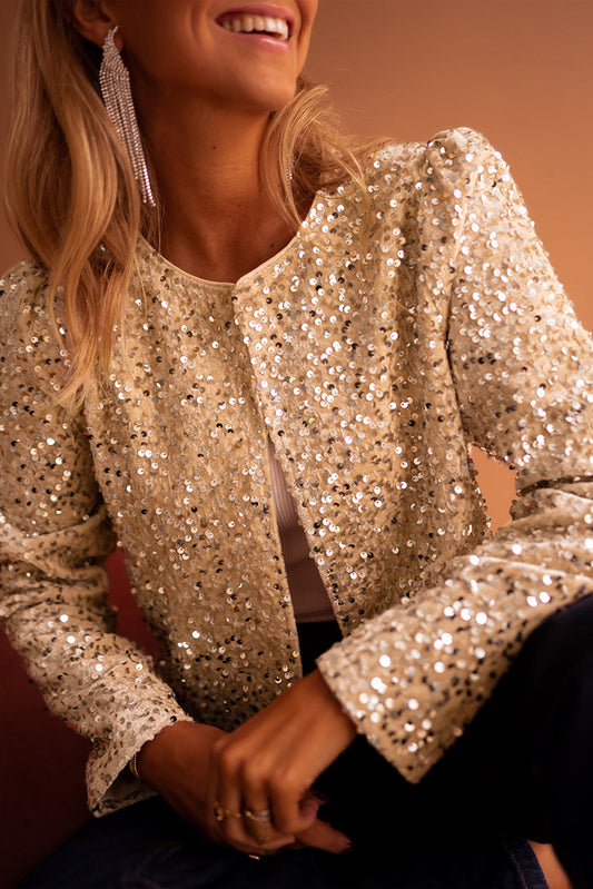 Golden Fleece Sequined Open Front Cropped Jacket-Outerwear/Jackets-[Adult]-[Female]-Golden Fleece-S-2022 Online Blue Zone Planet