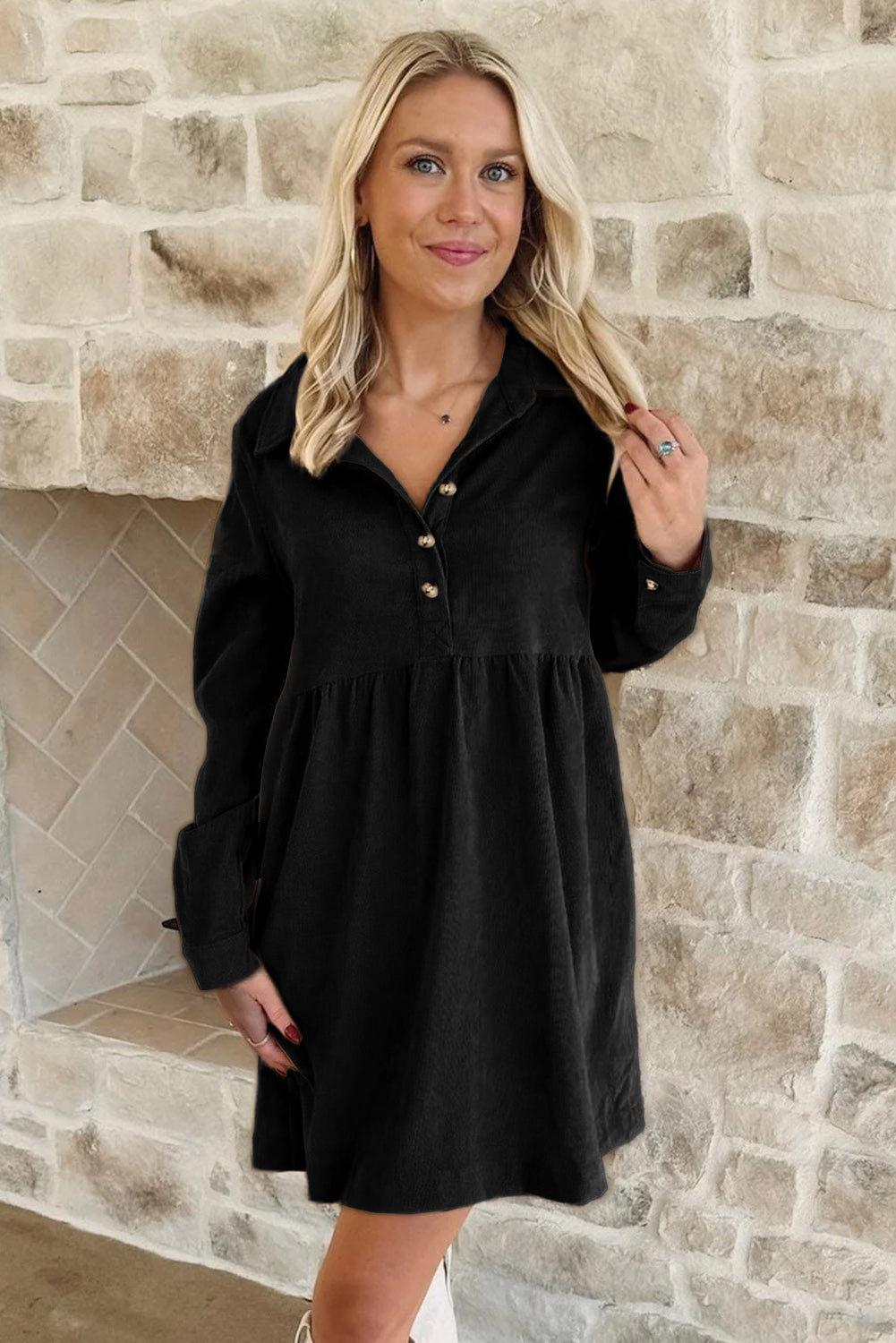 Vineyard Green Corduroy Half Button Collared Long Sleeve Mini Dress-Dresses/Mini Dresses-[Adult]-[Female]-2022 Online Blue Zone Planet