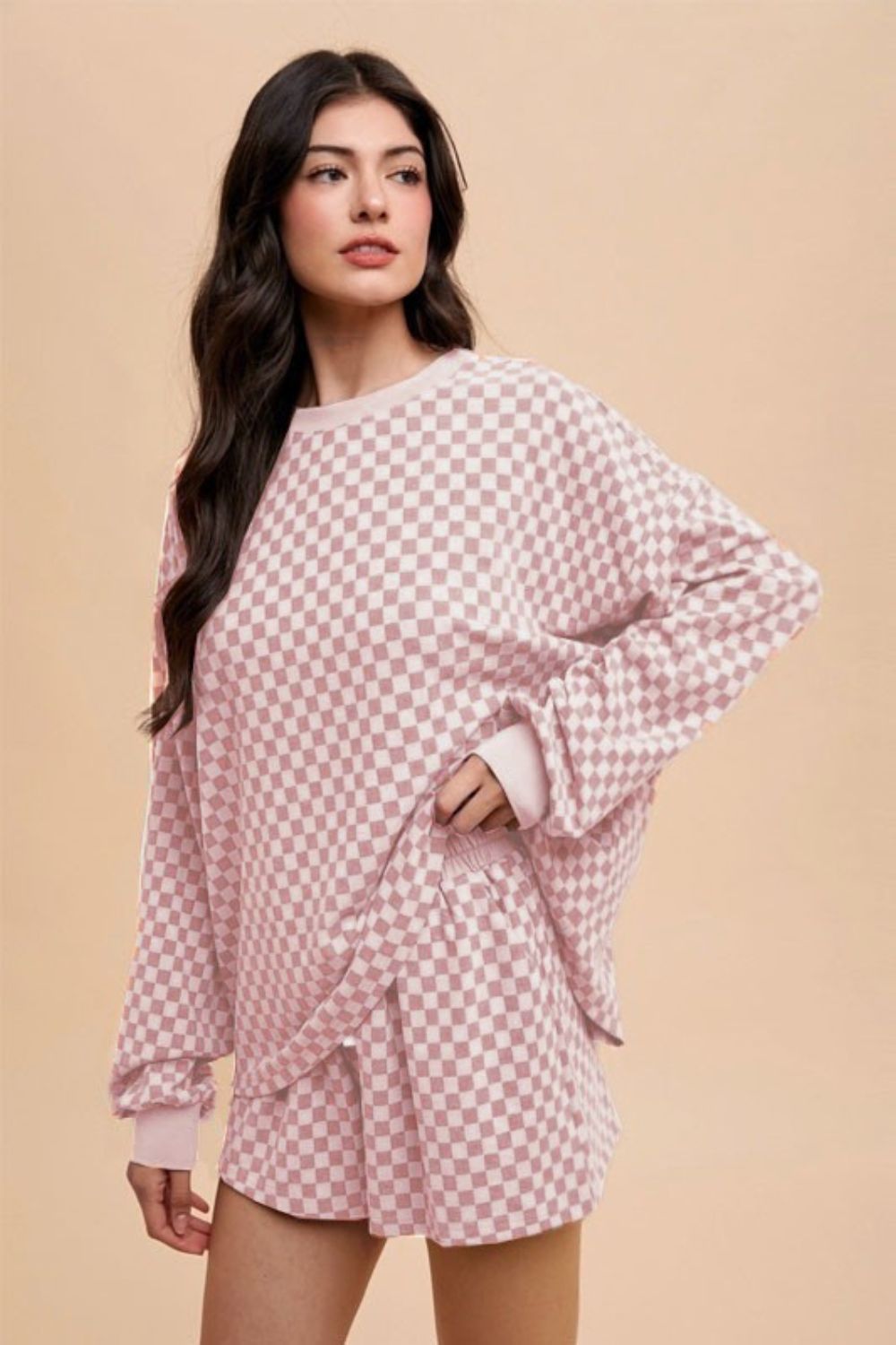 Blue Zone Planet | Annie Wear Checkered Round Neck Top and Drawstring Shorts Set-TOPS / DRESSES-[Adult]-[Female]-Blush Pink-S-2022 Online Blue Zone Planet