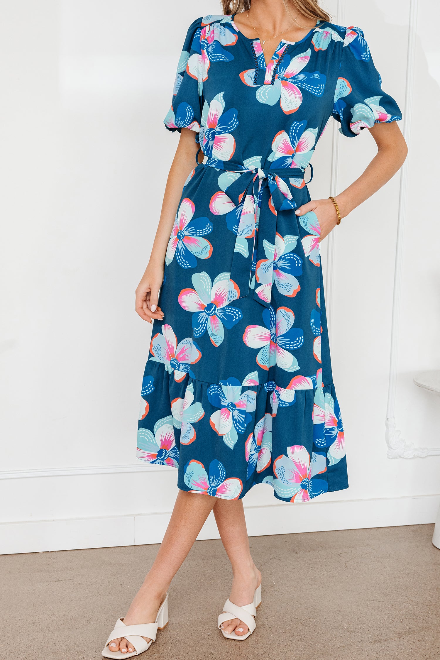 Blue Floral Print Short Puff Sleeve Ruffle Hem Belted Long Dress-TOPS / DRESSES-[Adult]-[Female]-2022 Online Blue Zone Planet