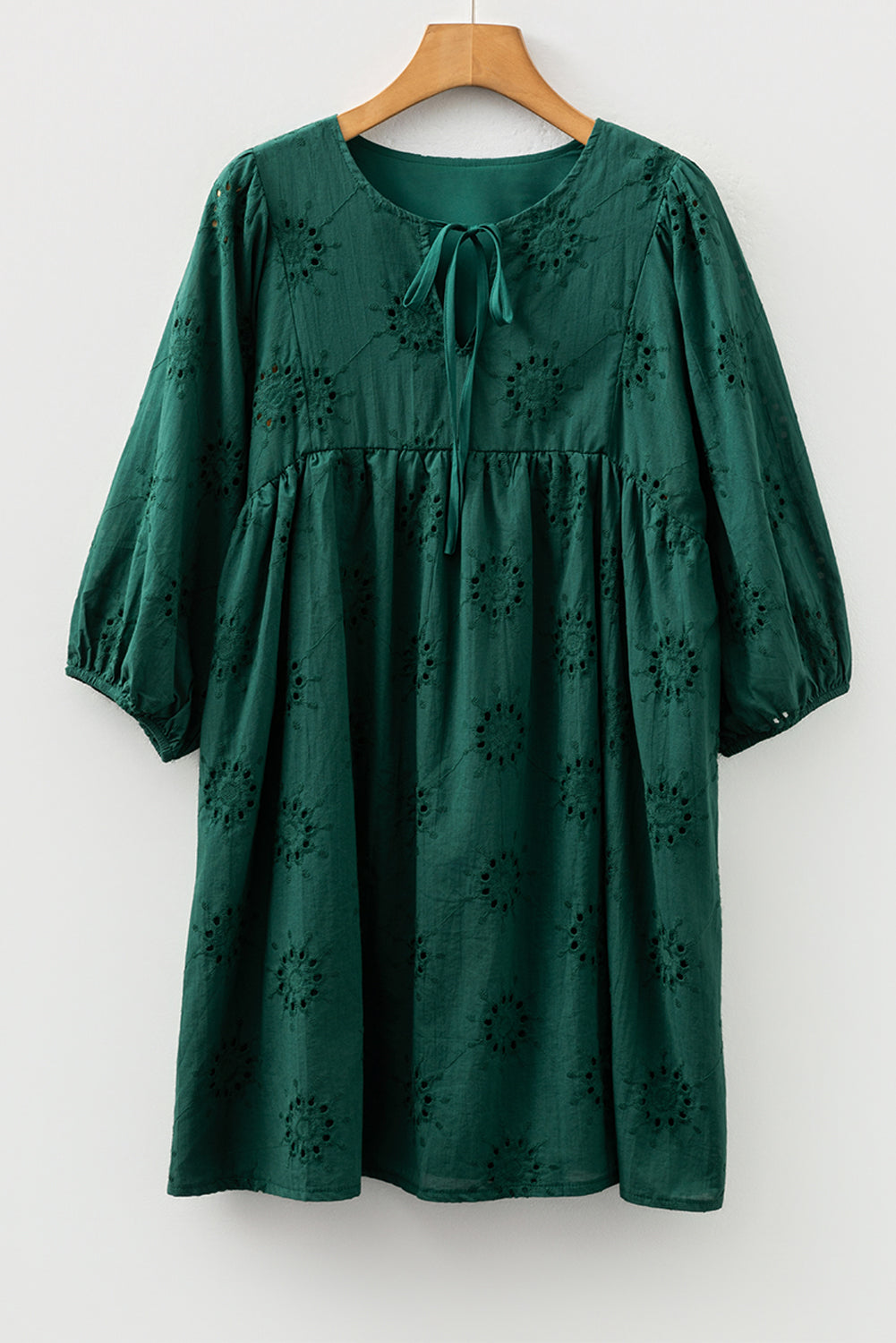Blackish Green Embroidered Eyelet Pattern 3/4 Puffy Sleeve Swing Mini Dress-Dresses/Mini Dresses-[Adult]-[Female]-Blackish Green-S-2022 Online Blue Zone Planet