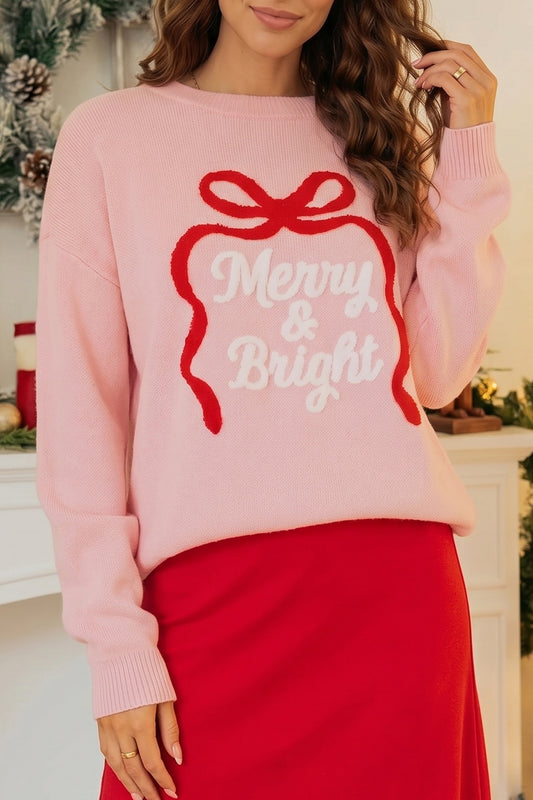 Gossamer Pink Drop Shoulder Round Neck Towel Embroidery Slogan Pullover Sweater-TOPS / DRESSES-[Adult]-[Female]-Gossamer Pink-S-2022 Online Blue Zone Planet
