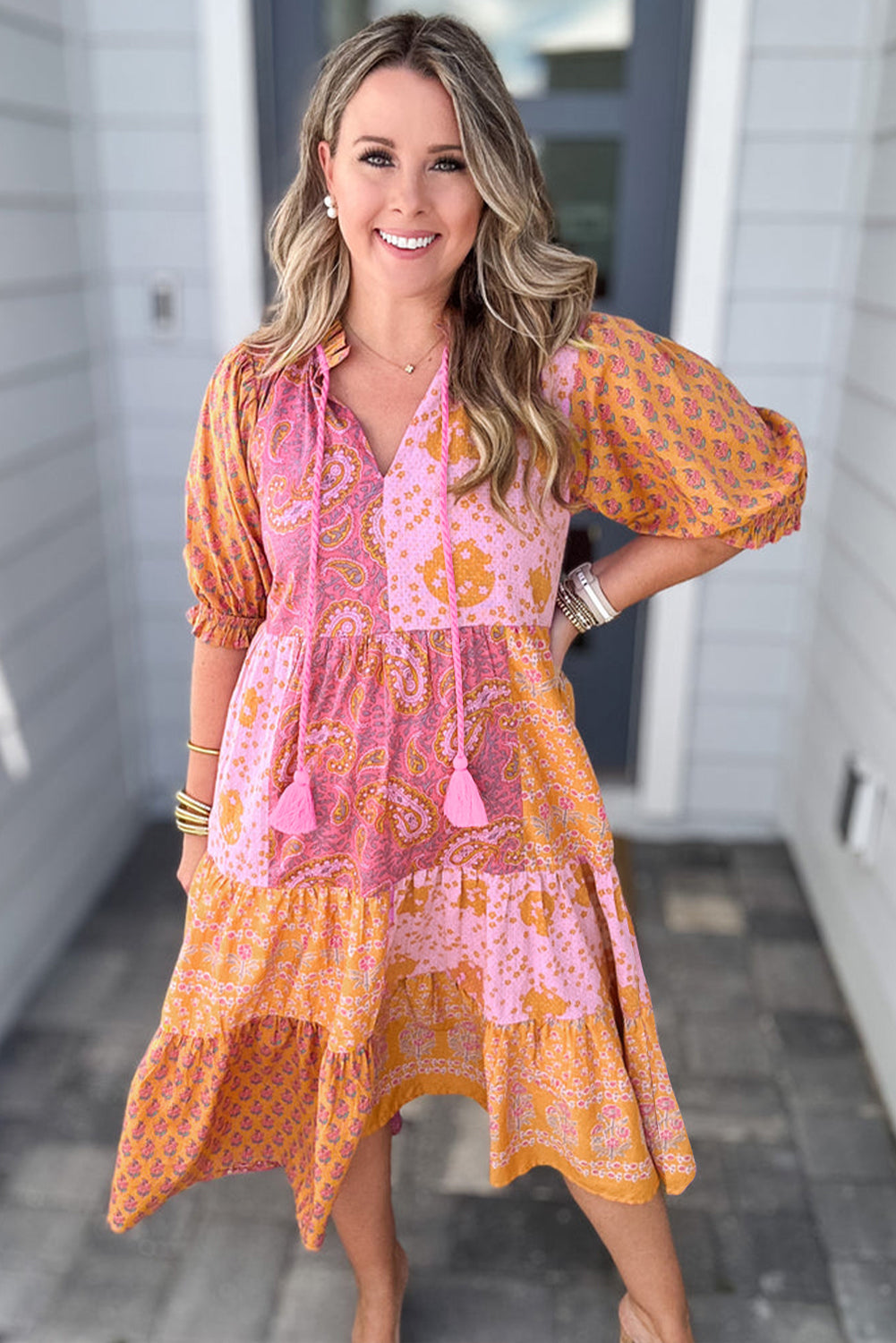 Pink Boho Paisley Floral Mixed Patchwork Tassel Tie Plus Size Midi Dress-Plus Size/Plus Size Dresses/Plus Size Maxi Dresses-[Adult]-[Female]-2022 Online Blue Zone Planet